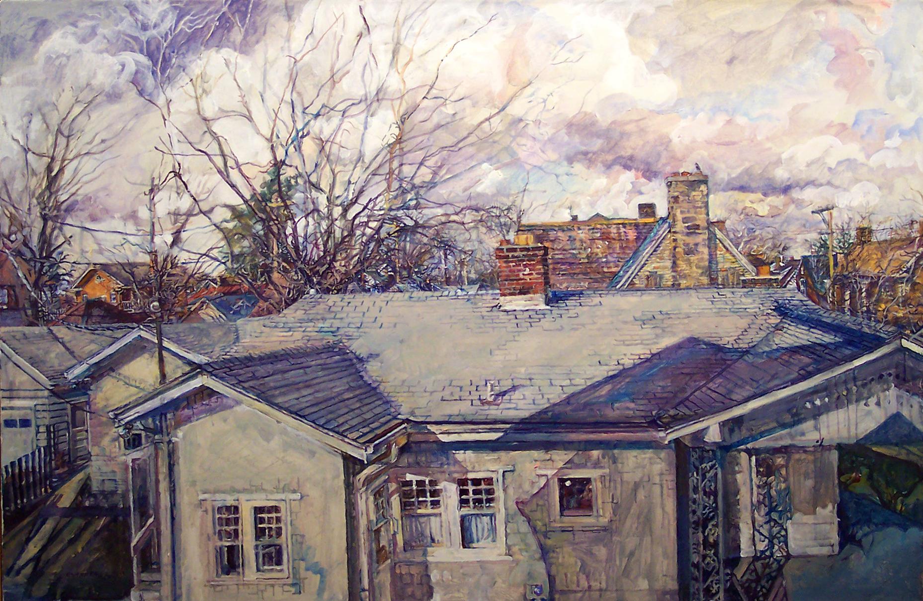 Audrey Ushenko Figurative Painting – Rooftops: Kunstwerke im Genre des erzählerischen Realismus