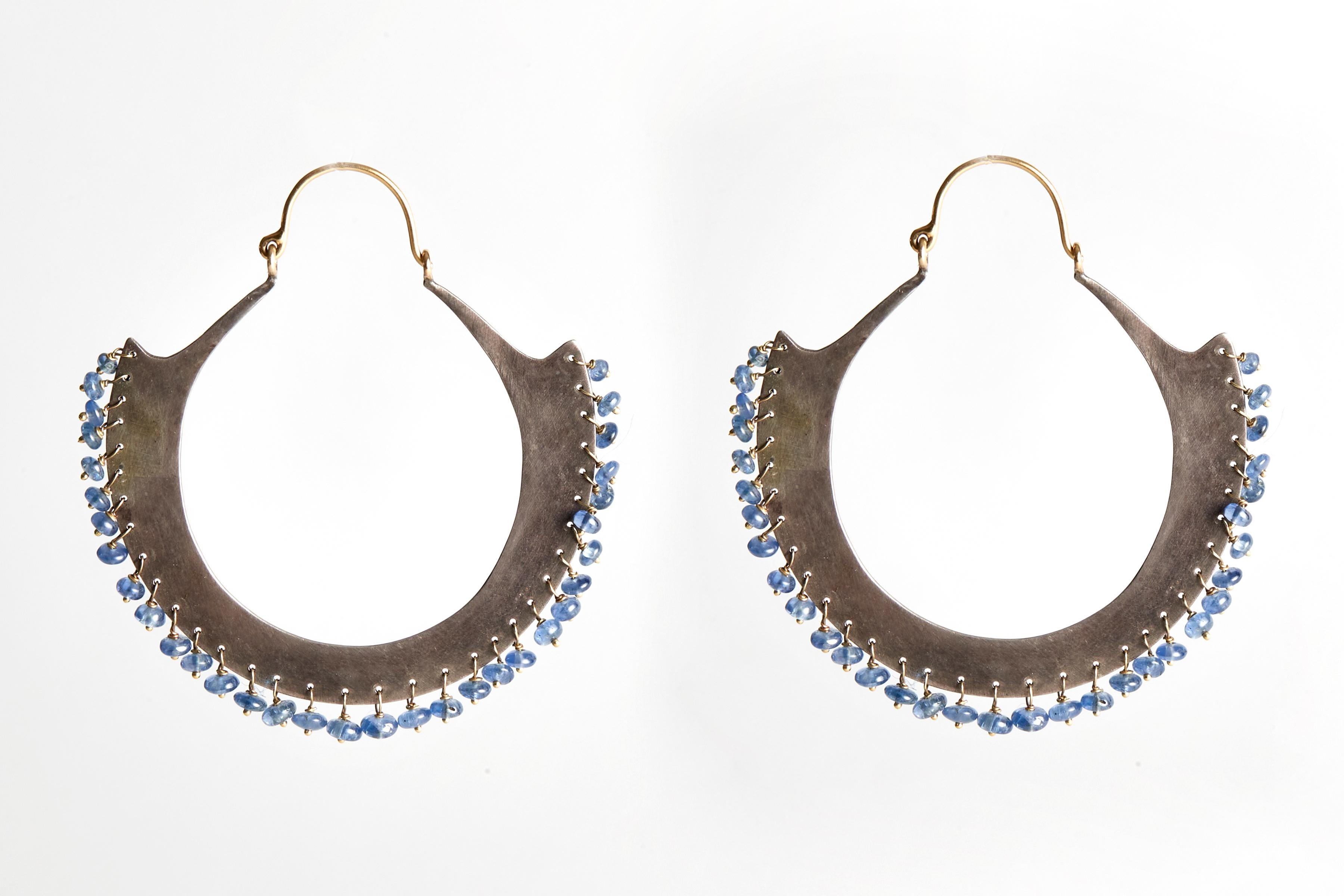 American Audrey Werner, 18-Karat Sterling Silver and Sapphire Hoop Earrings, US, 2008 For Sale