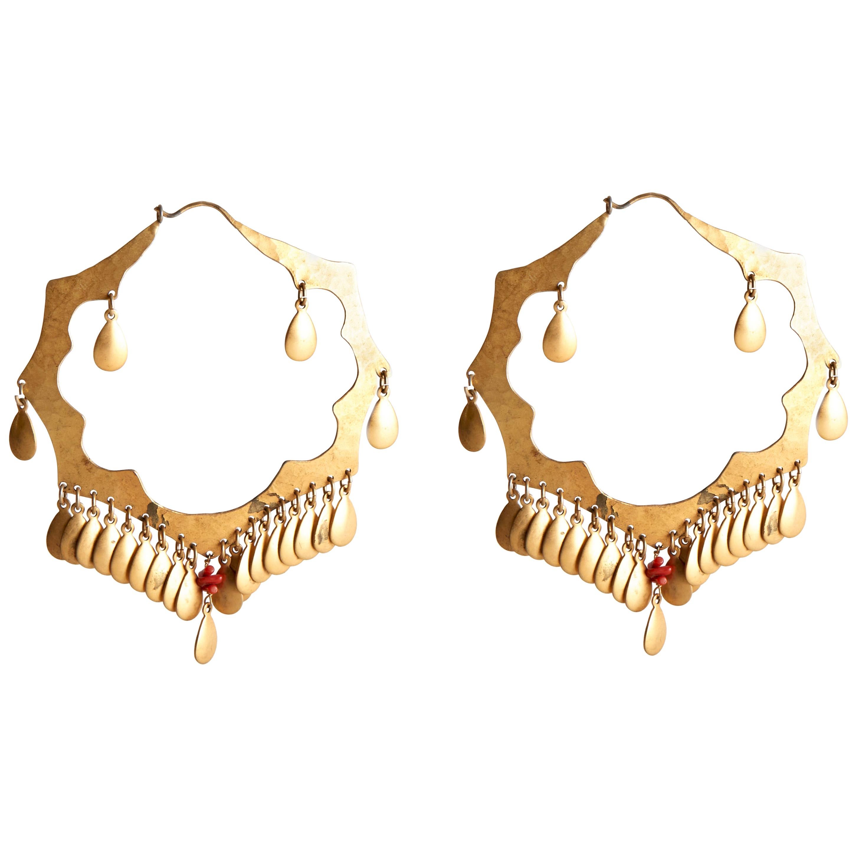 Audrey Werner, 24-Karat Plated Brass and Coral Earrings, US, 2001 For Sale