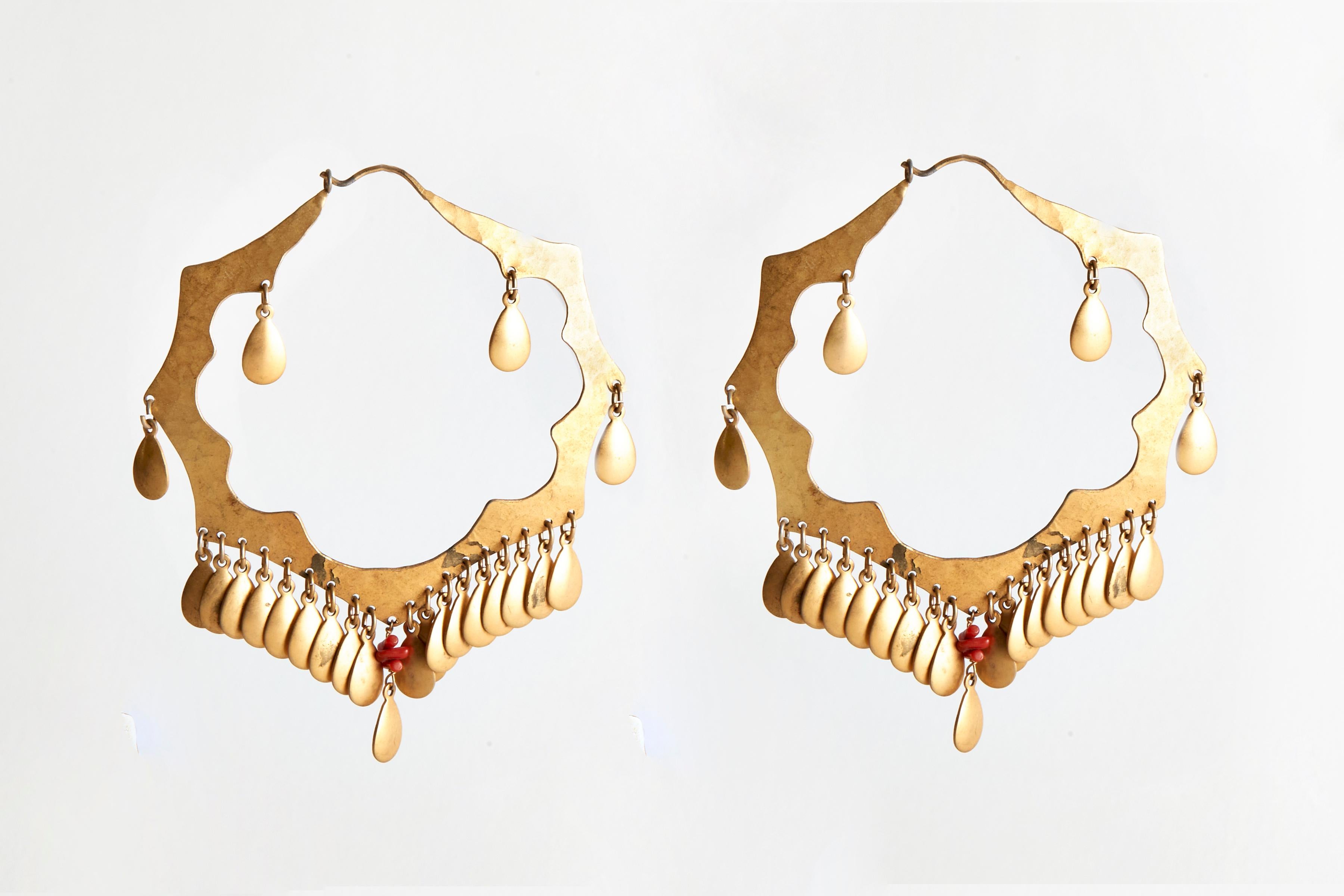 American Audrey Werner, 24-Karat Plated Brass and Coral Earrings, US, 2001 For Sale