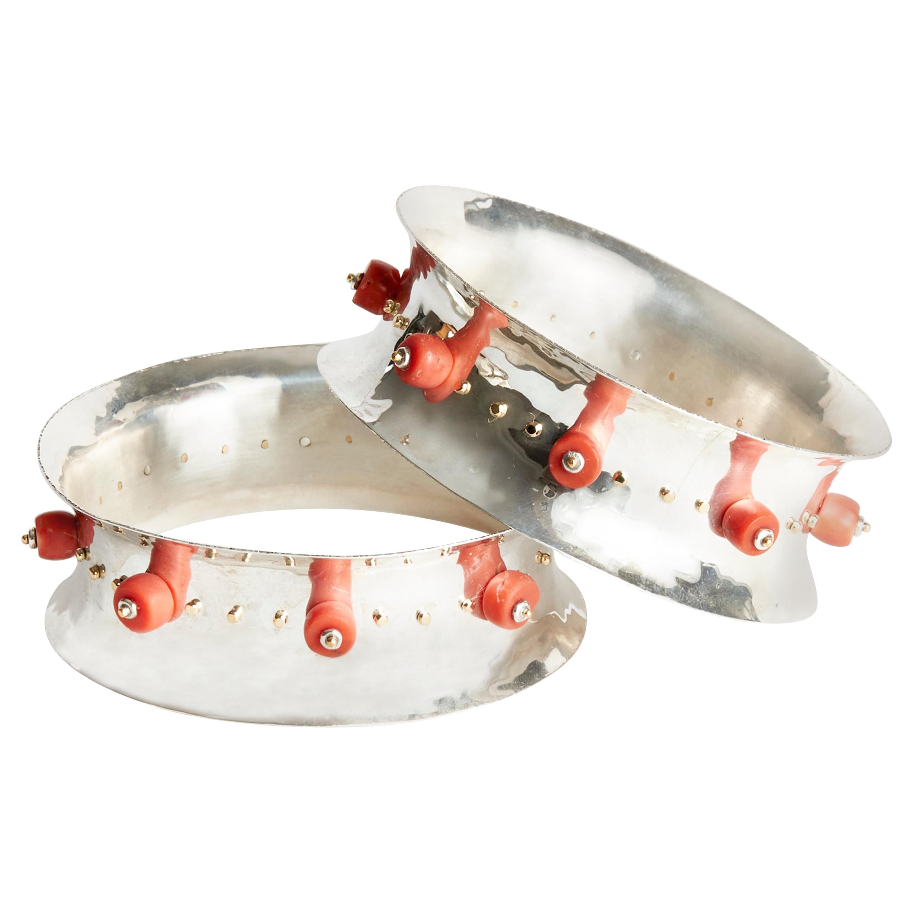 Audrey Werner, Pair of 18-Karat Sterling Silver and Coral Bangles, US, 2020 For Sale