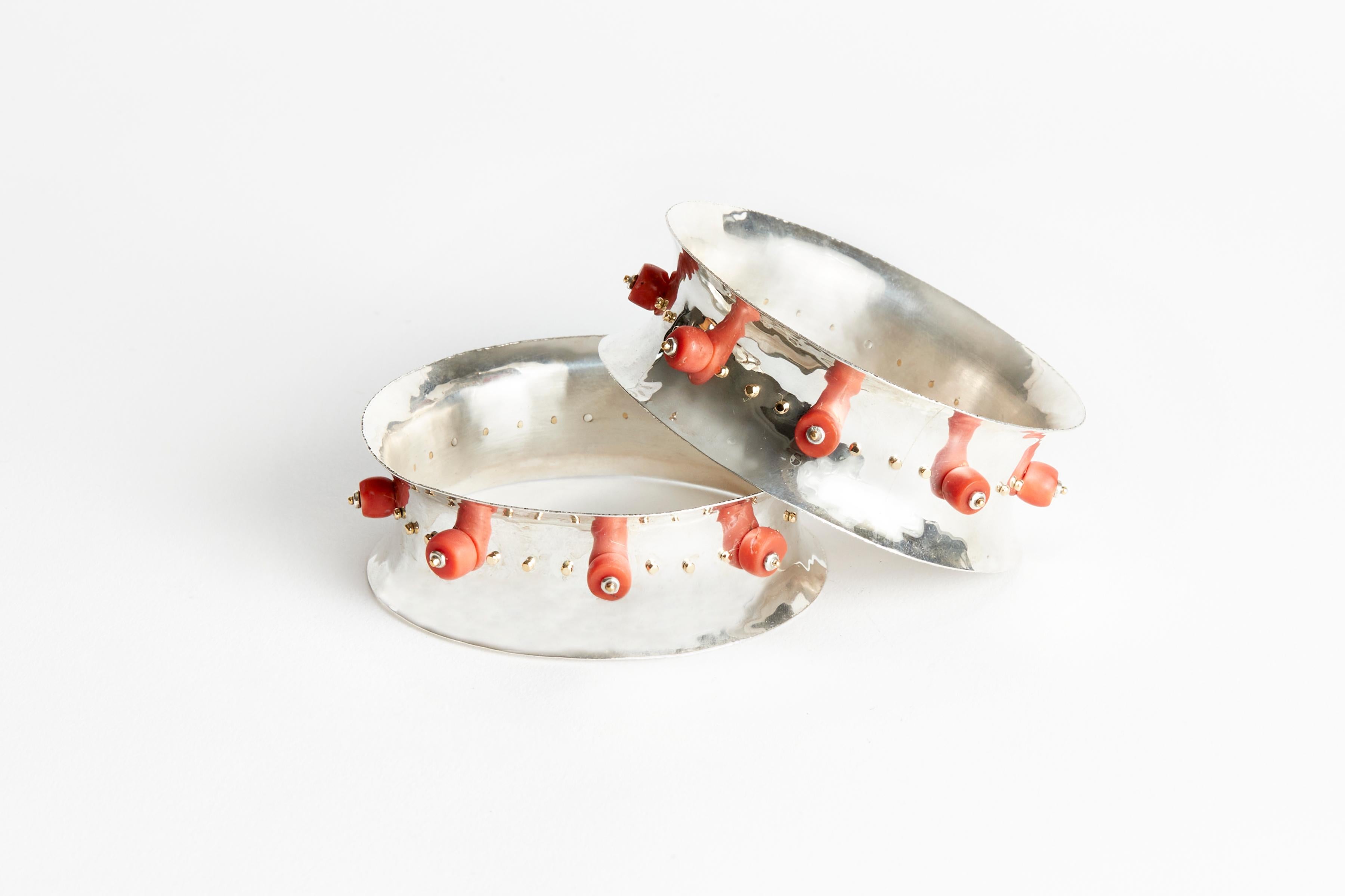 Audrey Werner, Pair of 18-Karat Sterling Silver and Coral Bangles, US, 2020 In Excellent Condition For Sale In New York, NY