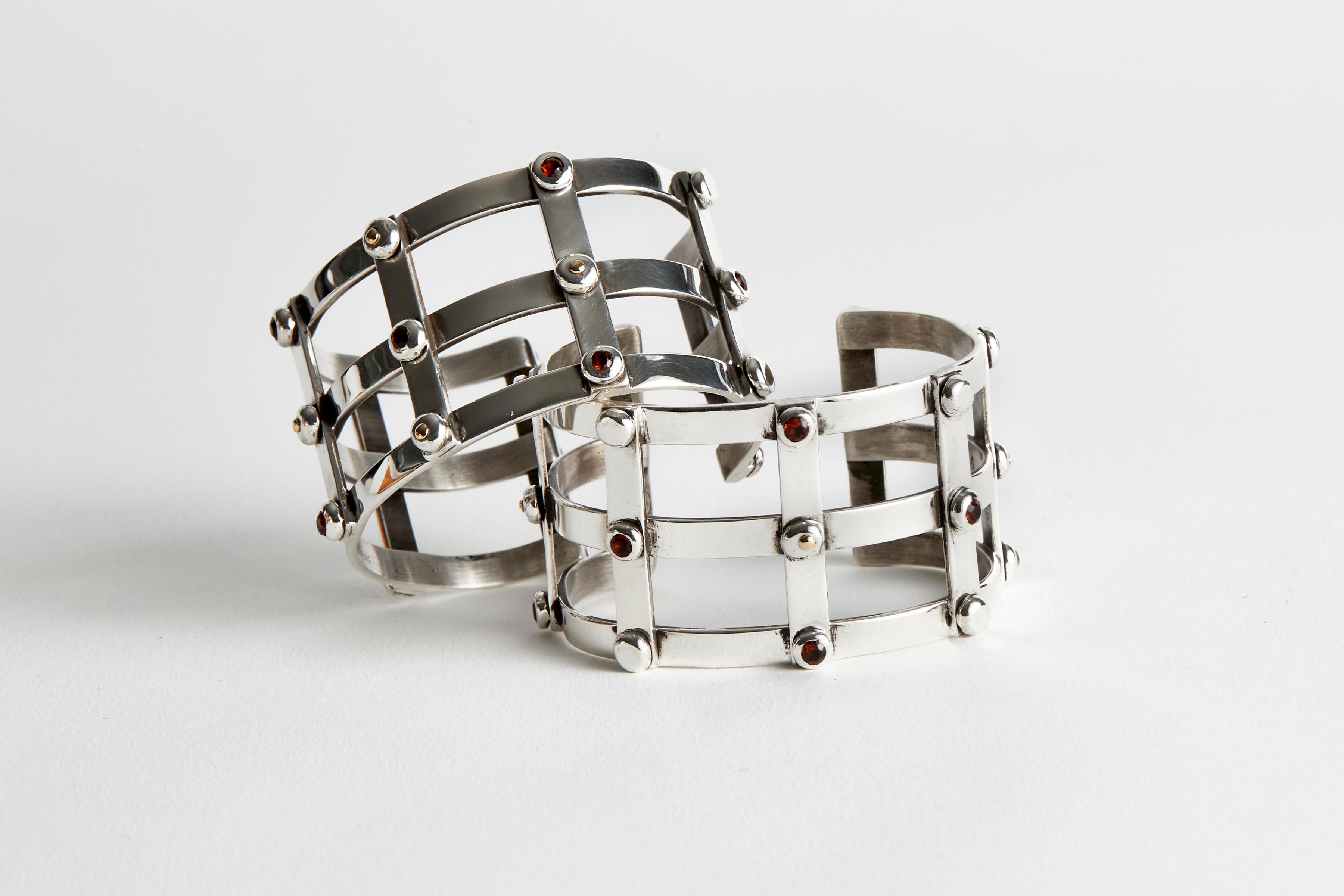 American Audrey Werner, Pair of Sterling Silver & Madiera Citrine Cage Cuffs, US, 2001 For Sale