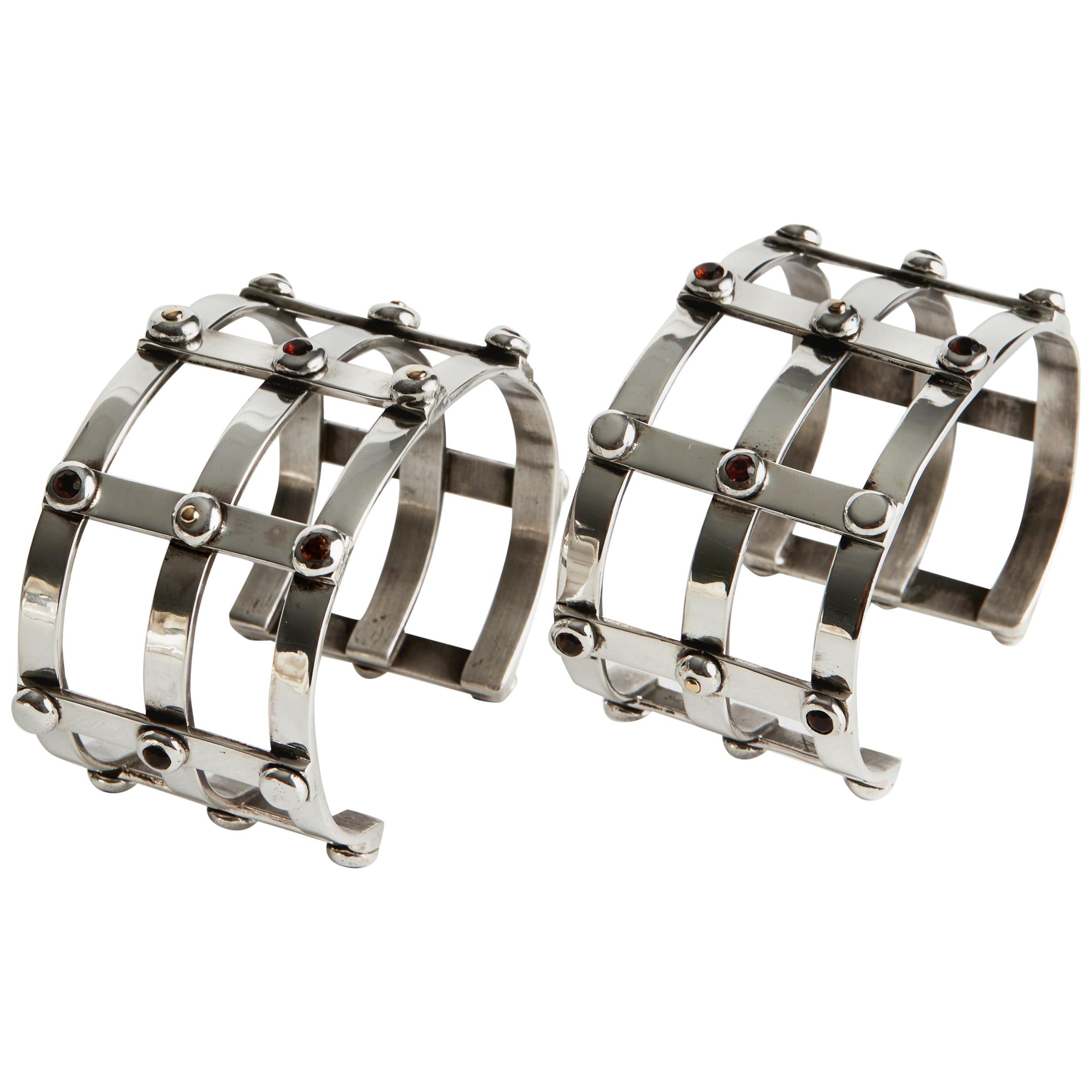 Audrey Werner, Pair of Sterling Silver & Madiera Citrine Cage Cuffs, US, 2001 For Sale