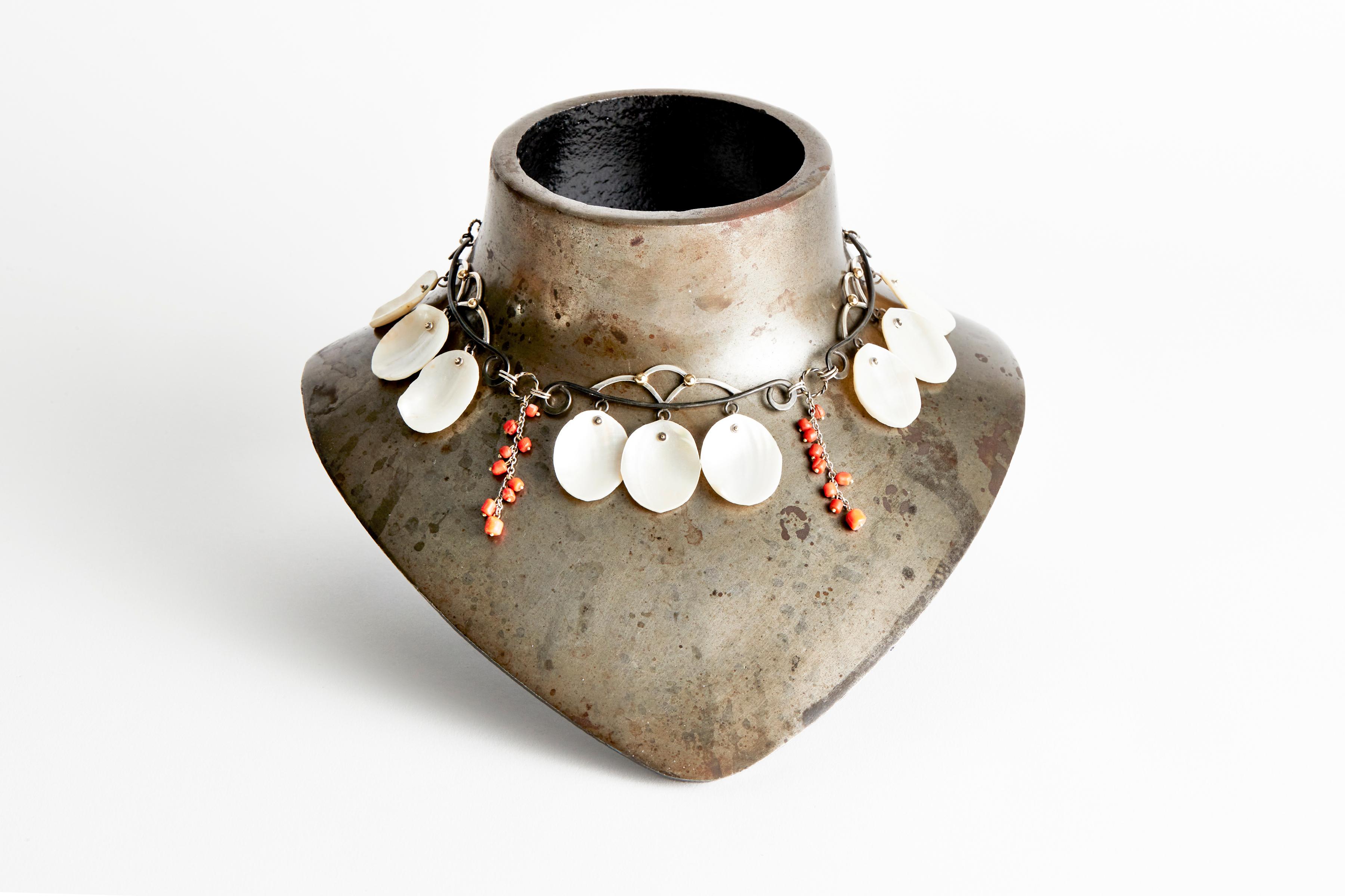 American Audrey Werner, Sea Necklace, Sterling Silver, Mother of Pearl, & Coral, US, 2019 For Sale