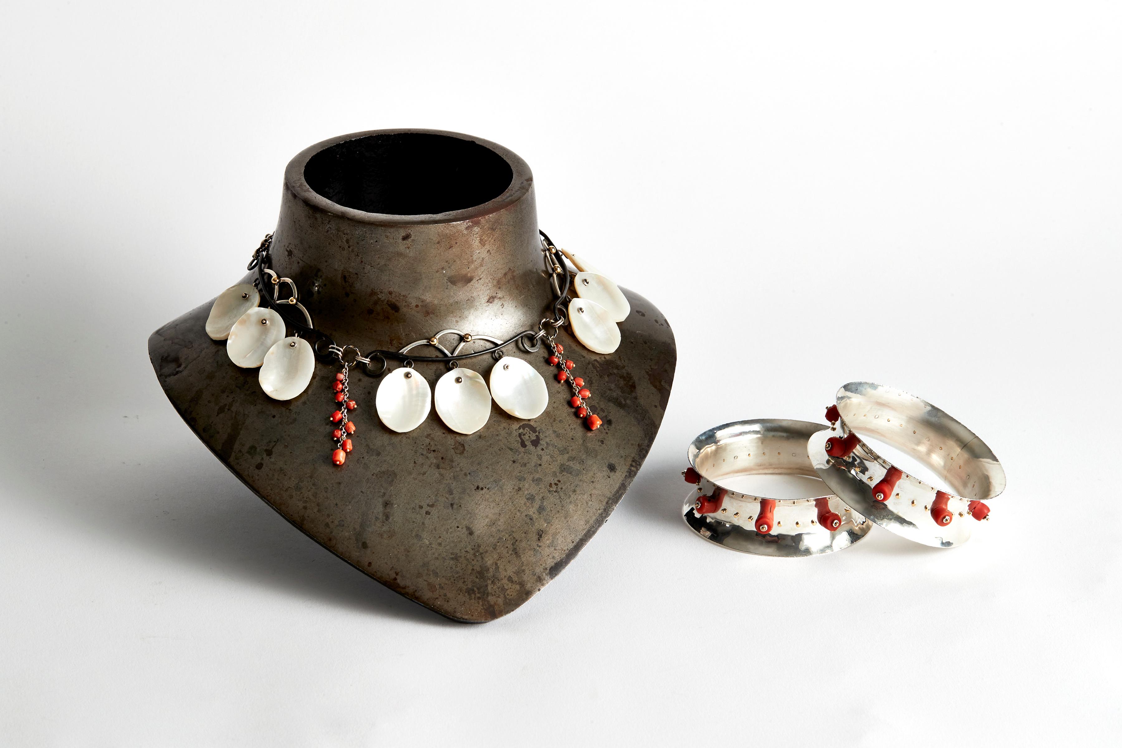 Audrey Werner, Sea Necklace, Sterling Silver, Mother of Pearl, & Coral, US, 2019 In Excellent Condition For Sale In New York, NY
