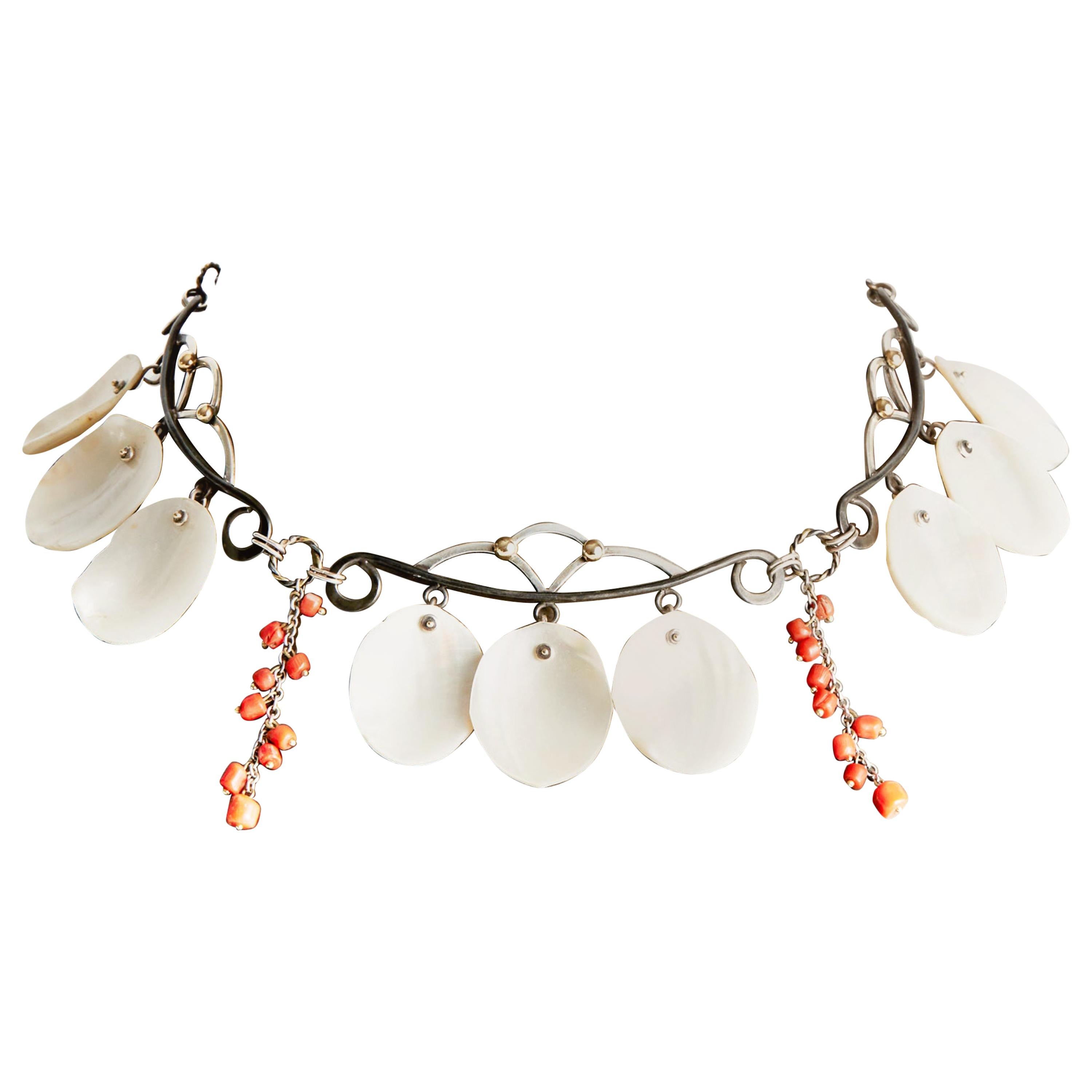 Audrey Werner, Sea Necklace, Sterling Silver, Mother of Pearl, & Coral, US, 2019 For Sale