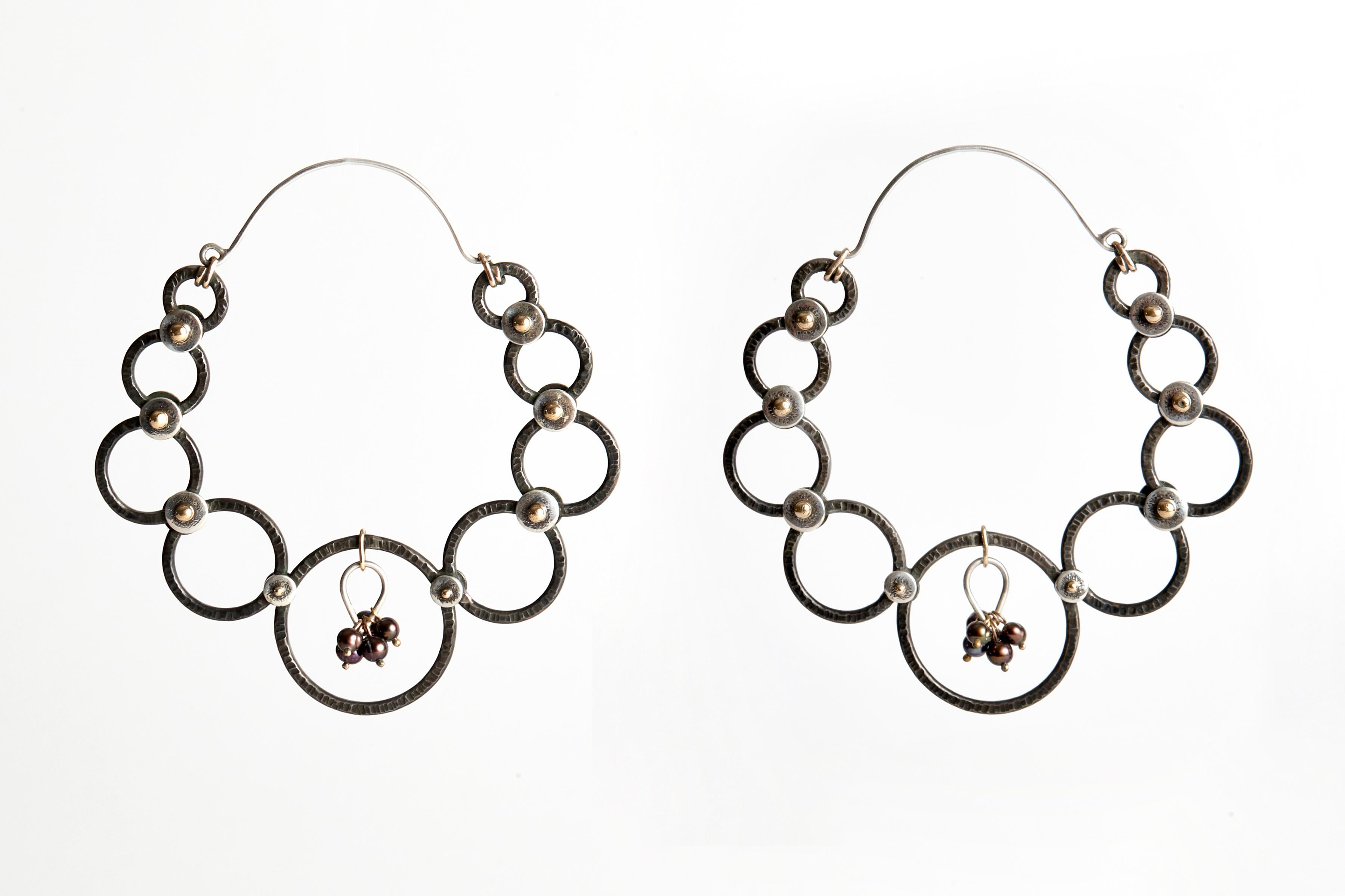 American Audrey Werner, Silver, Iron, and Pearl Hoop Earrings, US, 2006 For Sale