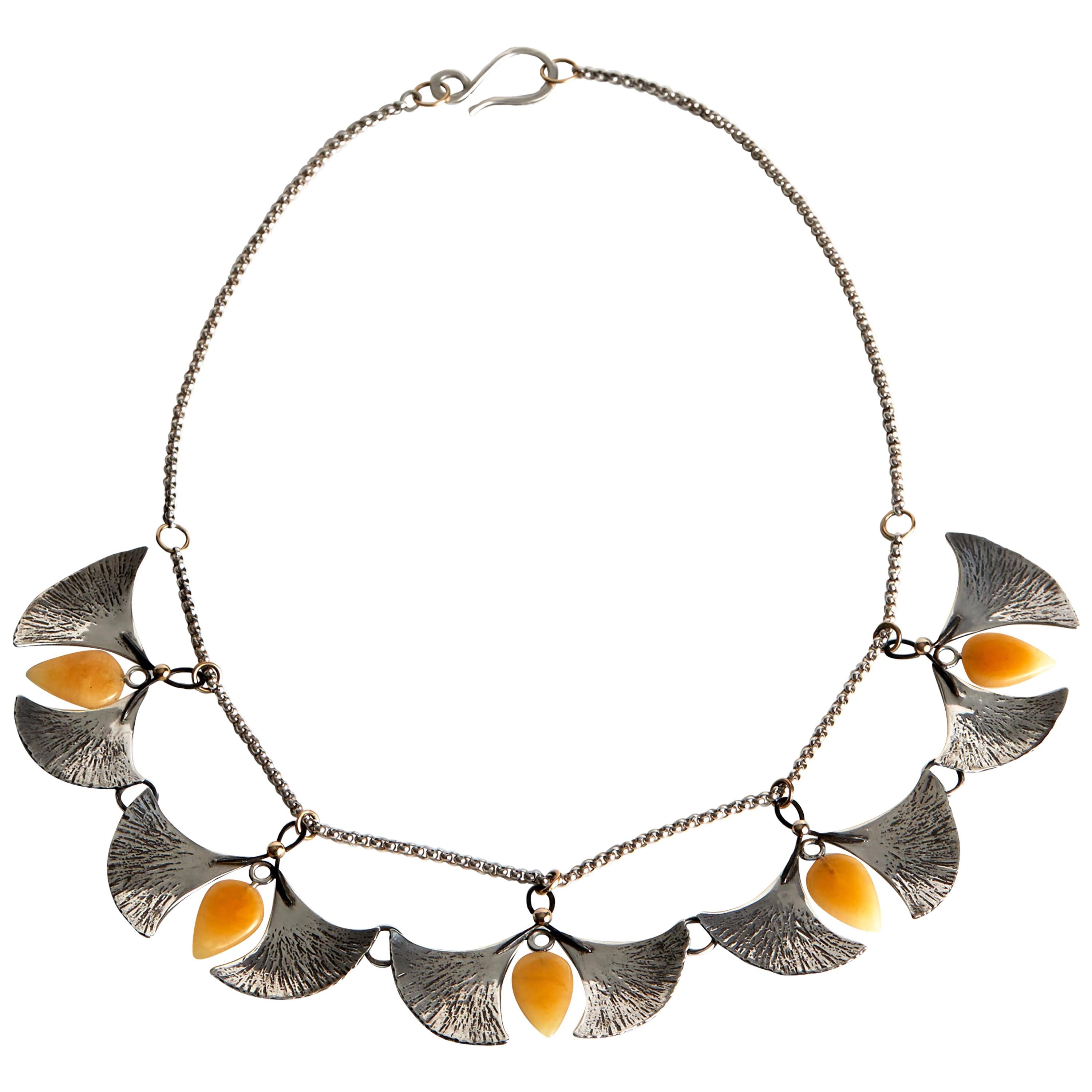 Audrey Werner, Sterling Silver, Amber, and Iron Gingko Necklace, US, 2020 For Sale