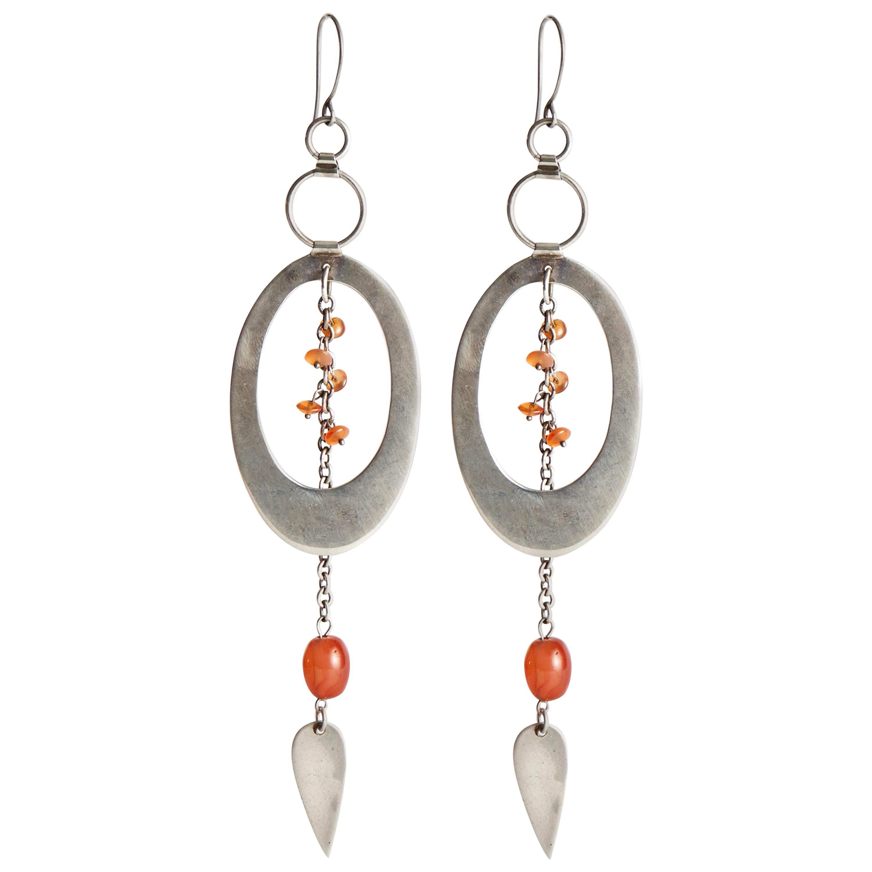 Audrey Werner, Sterling Silver and Carnelian Hoop Earrings, United States, 2017 For Sale