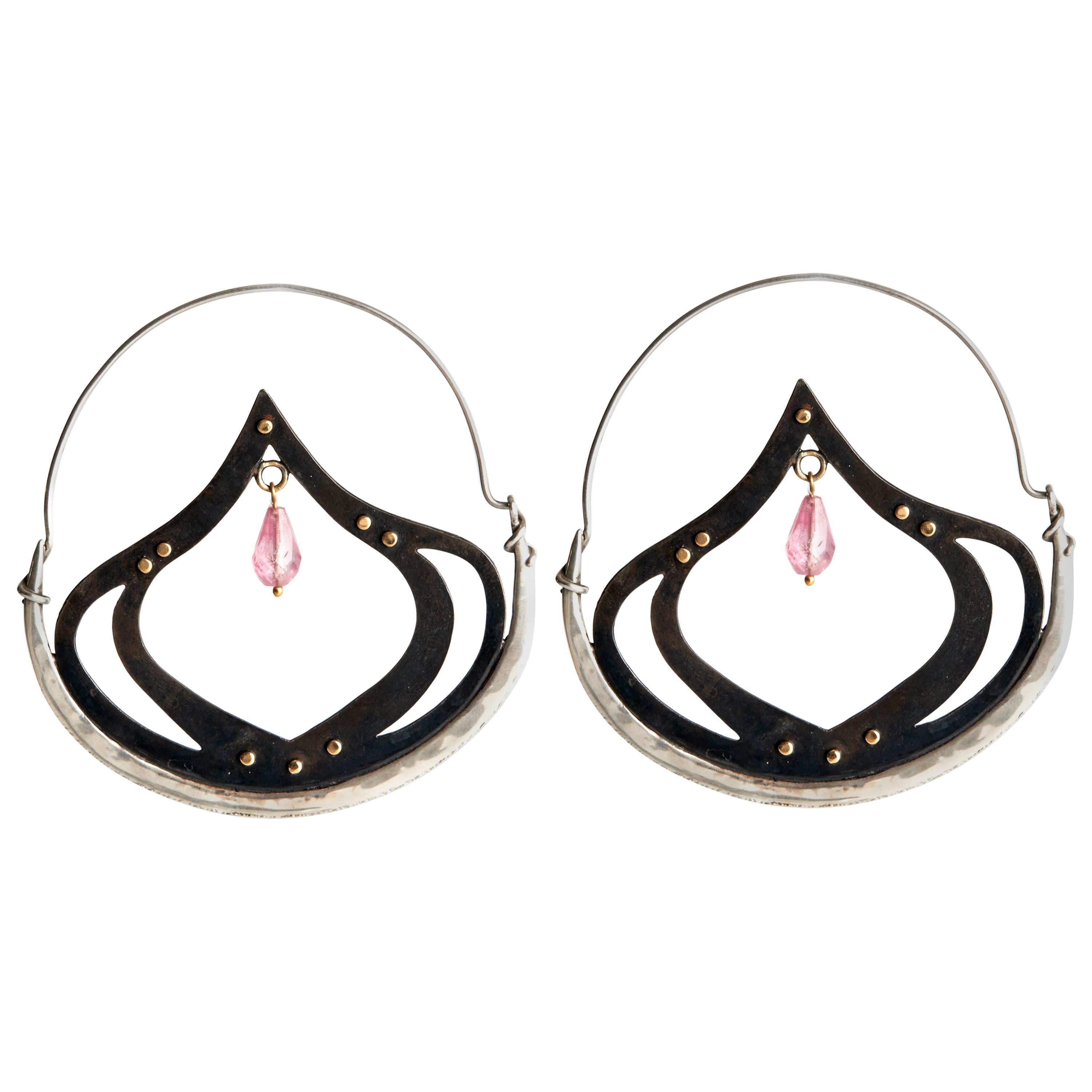 Audrey Werner, Sterling Silver and Pink Tourmaline Hoop Earrings, US, 2007 For Sale