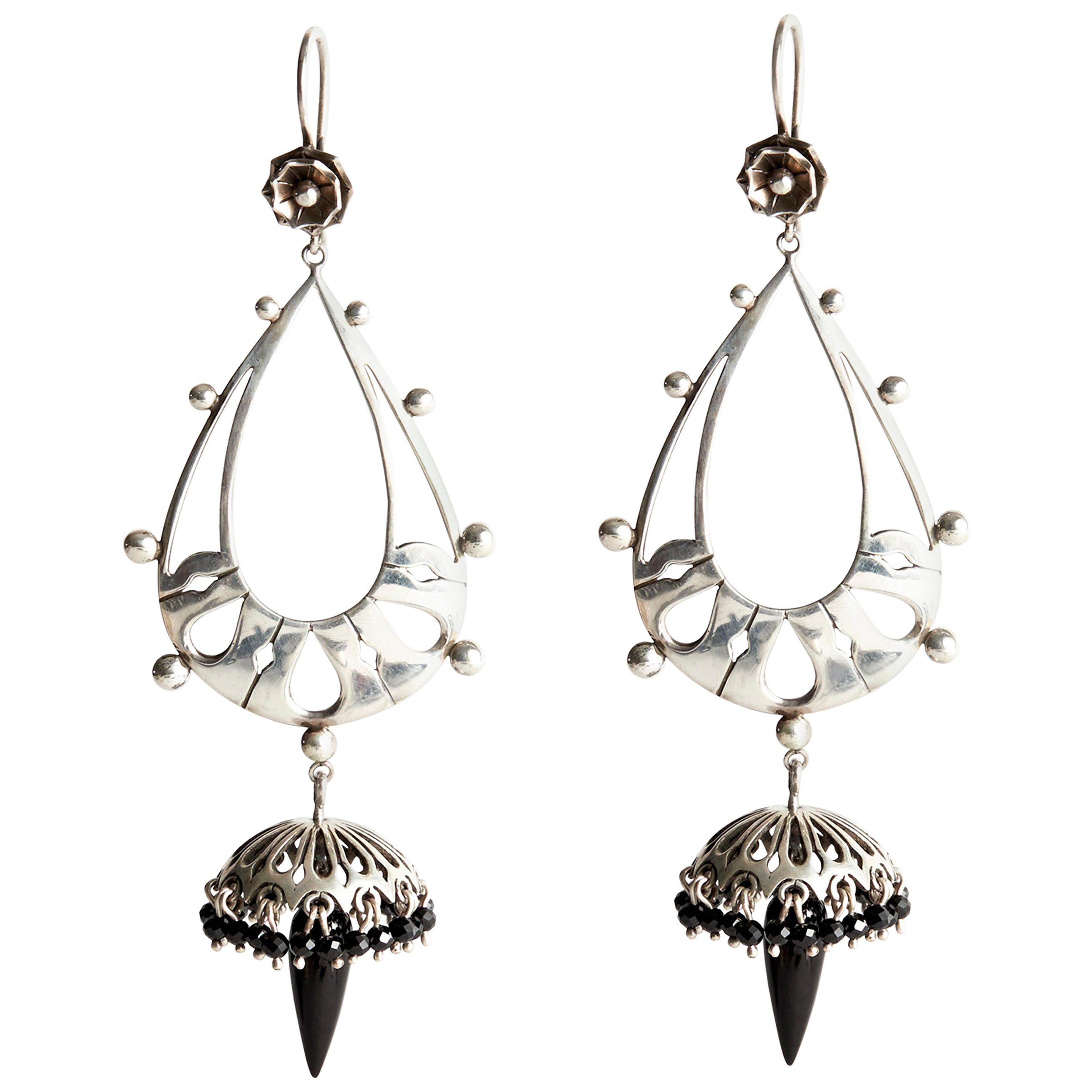Audrey Werner, Sterling Silver and Whitby Jet Georgian Fringe Earrings, US, 2020 For Sale