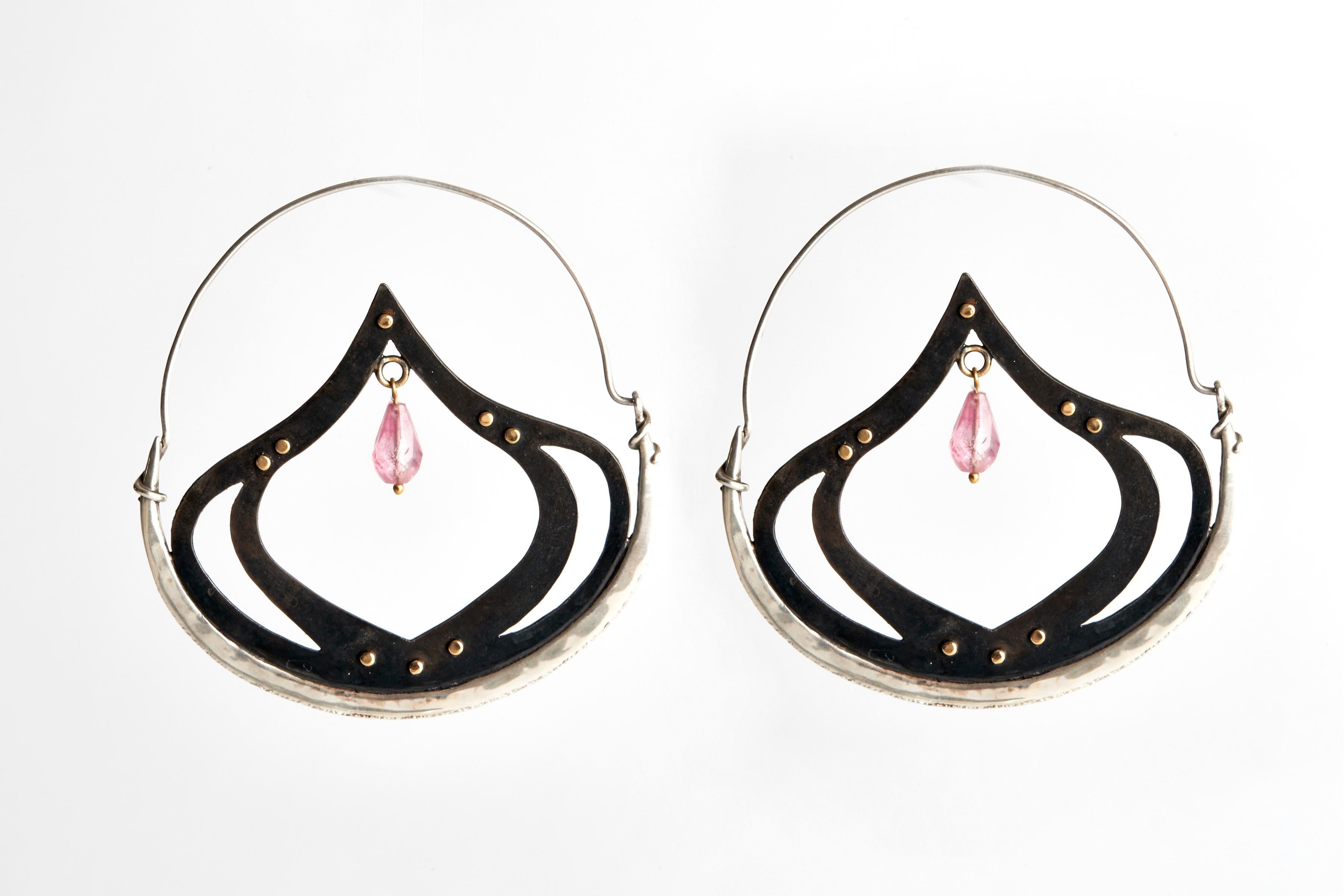American Audrey Werner, Sterling Silver and Pink Tourmaline Hoop Earrings, US, 2007 For Sale
