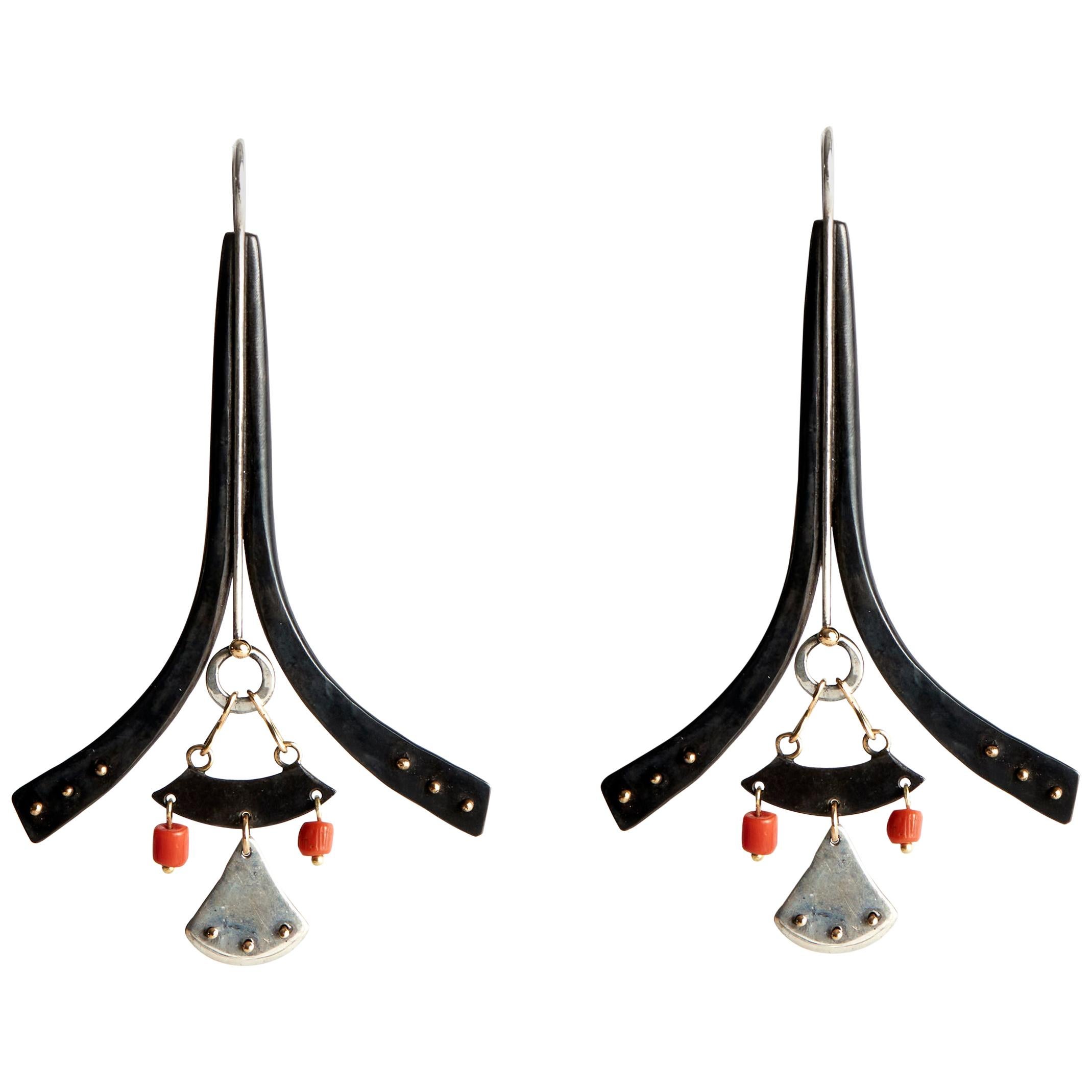 Audrey Werner, Sterling Silver, Steel and Coral Tower Earrings, US, 2017 For Sale