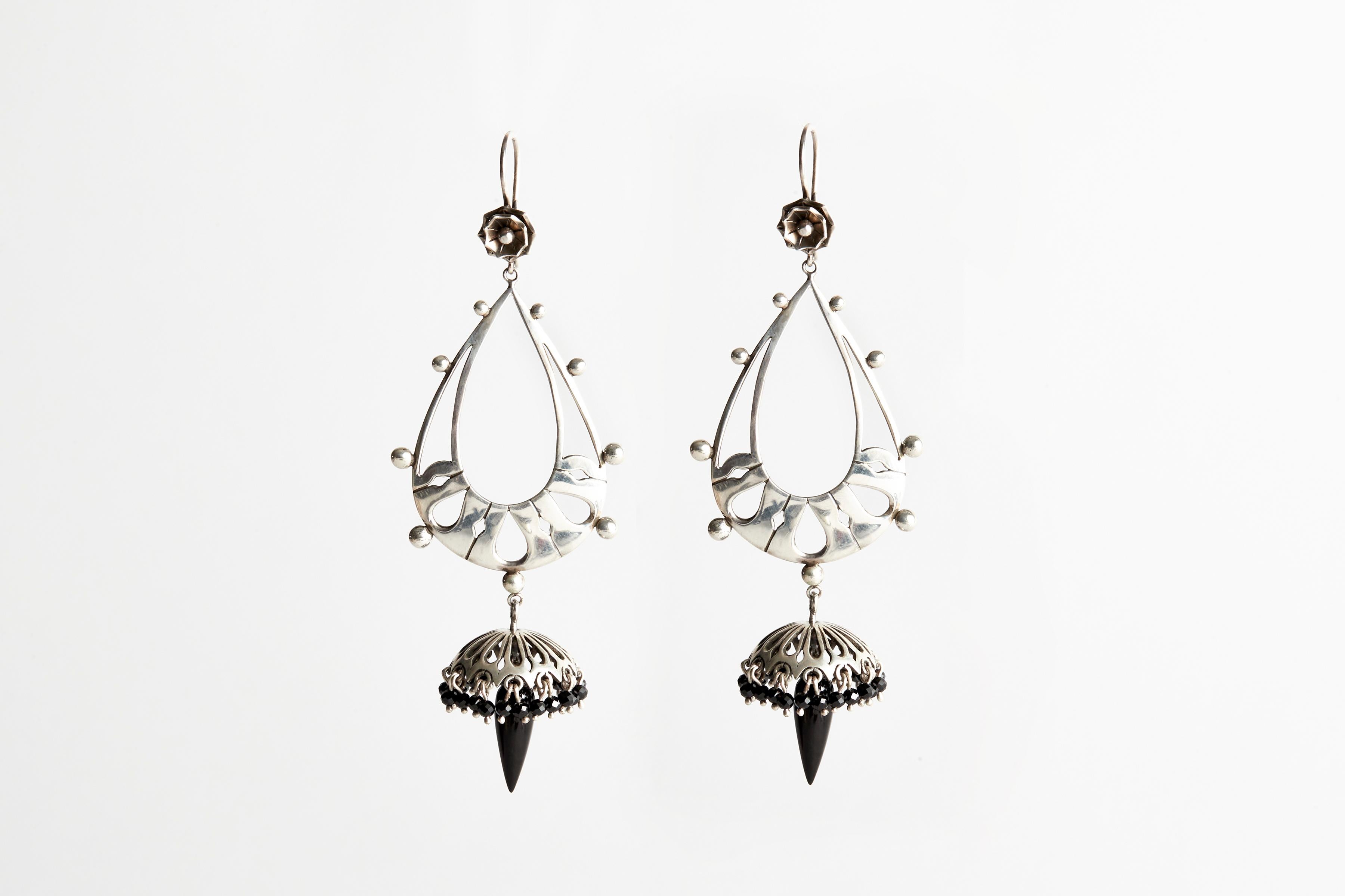 American Audrey Werner, Sterling Silver and Whitby Jet Georgian Fringe Earrings, US, 2020 For Sale