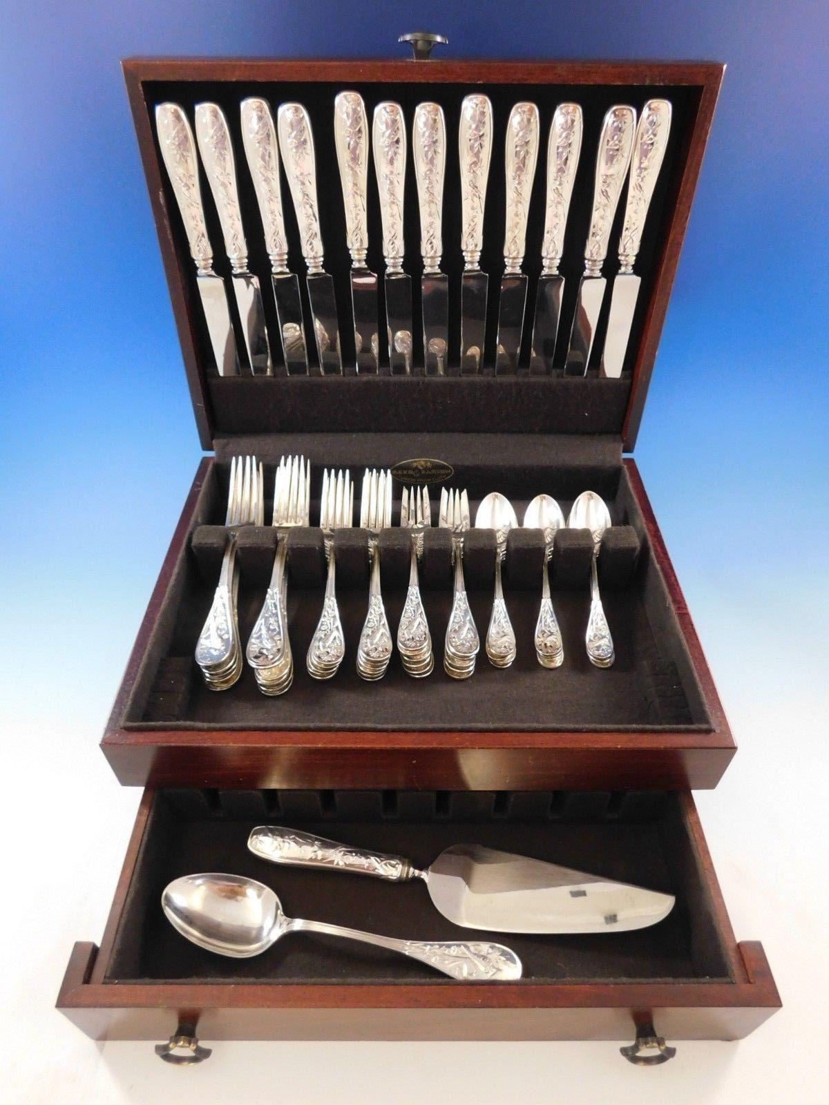 Masterfully crafted dinner size Audubon by Tiffany & Co. sterling silver flatware set of 62 pieces. This set includes:

12 dinner knives, 10 1/4