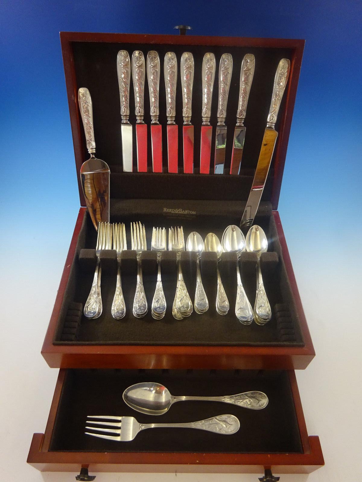 This estate set is circa 1960s, the pattern detailing is far superior compared to the pieces made today from worn out dies. 

Audubon by Tiffany & Co. sterling silver flatware set, 44 pieces. This set includes: 

Eight dinner size knives, 10