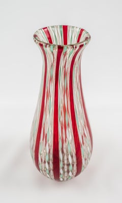 1950s Aureliano Toso Style Murano Glass Vase in Turquoise, Red, White