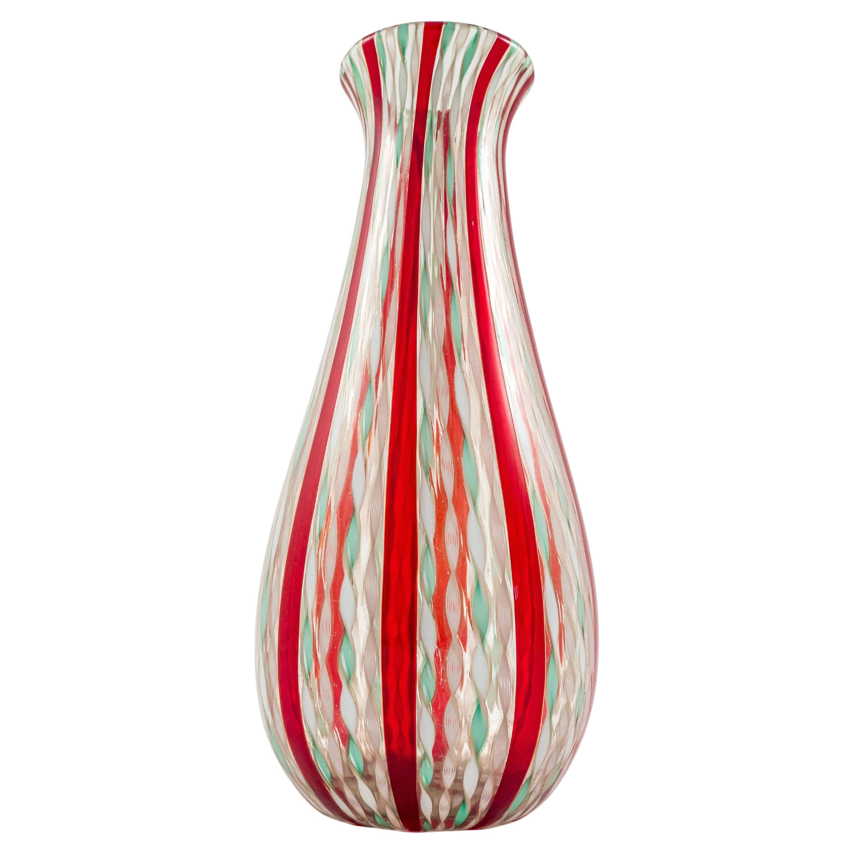 1950s Aureliano Toso Style Murano Glass Vase in Turquoise, Red, White