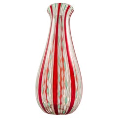 1950s Aureliano Toso Style Murano Glass Vase in Turquoise, Red, White