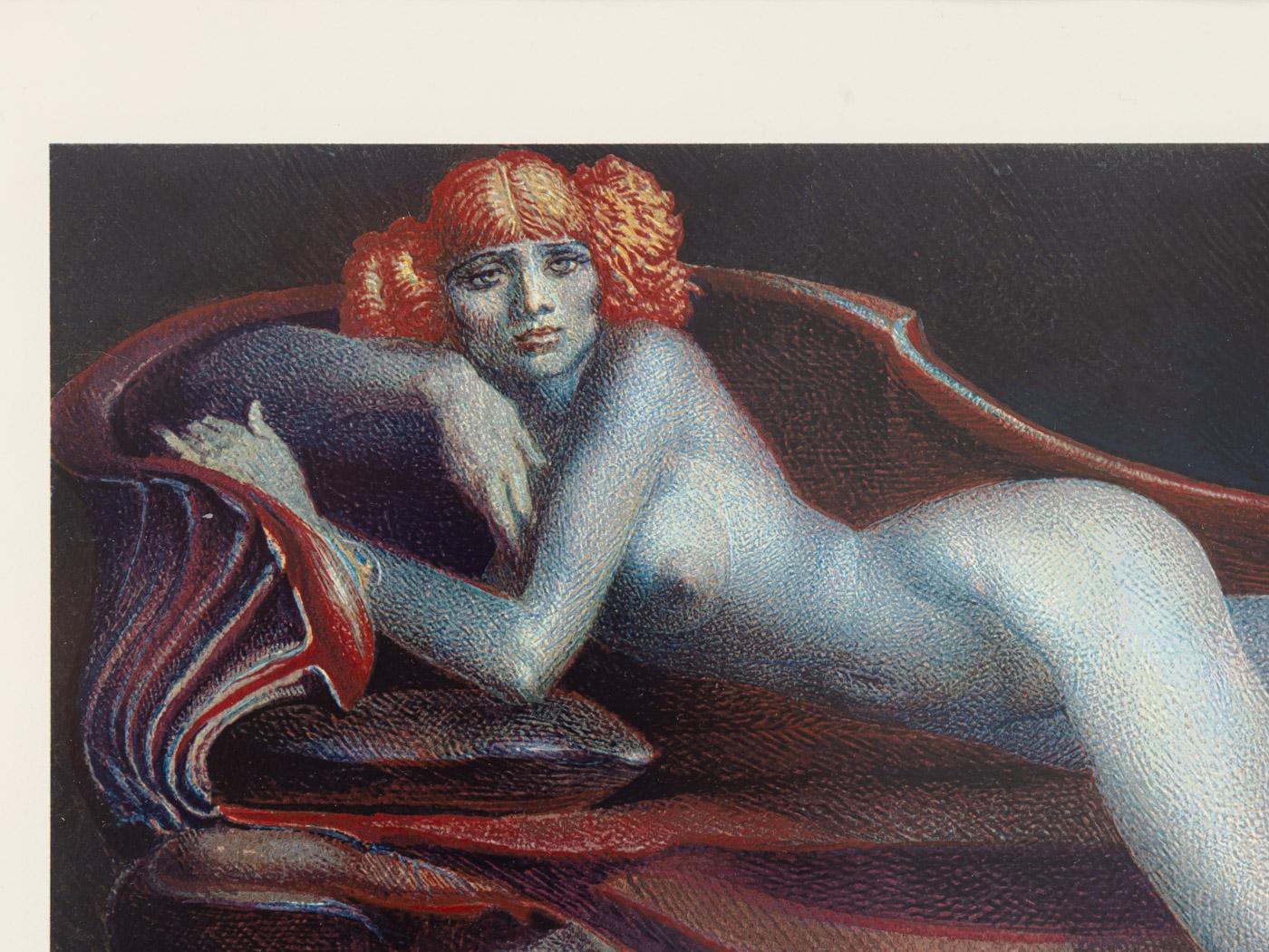 Art Deco Woman on Chaiselongue Nude Color Lithograph Framed Erotic Ernst Fuchs signed