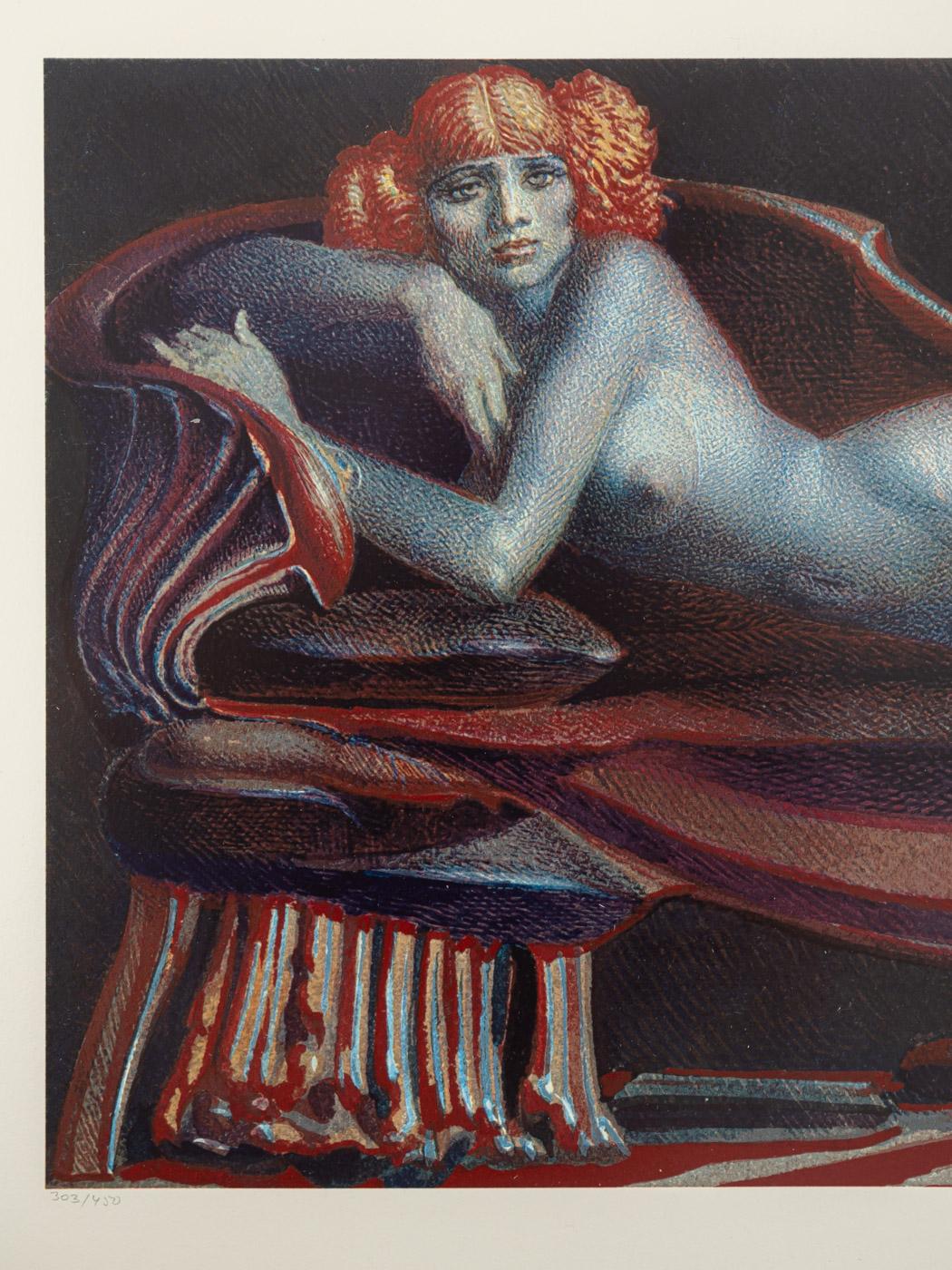 German Woman on Chaiselongue Nude Color Lithograph Framed Erotic Ernst Fuchs signed