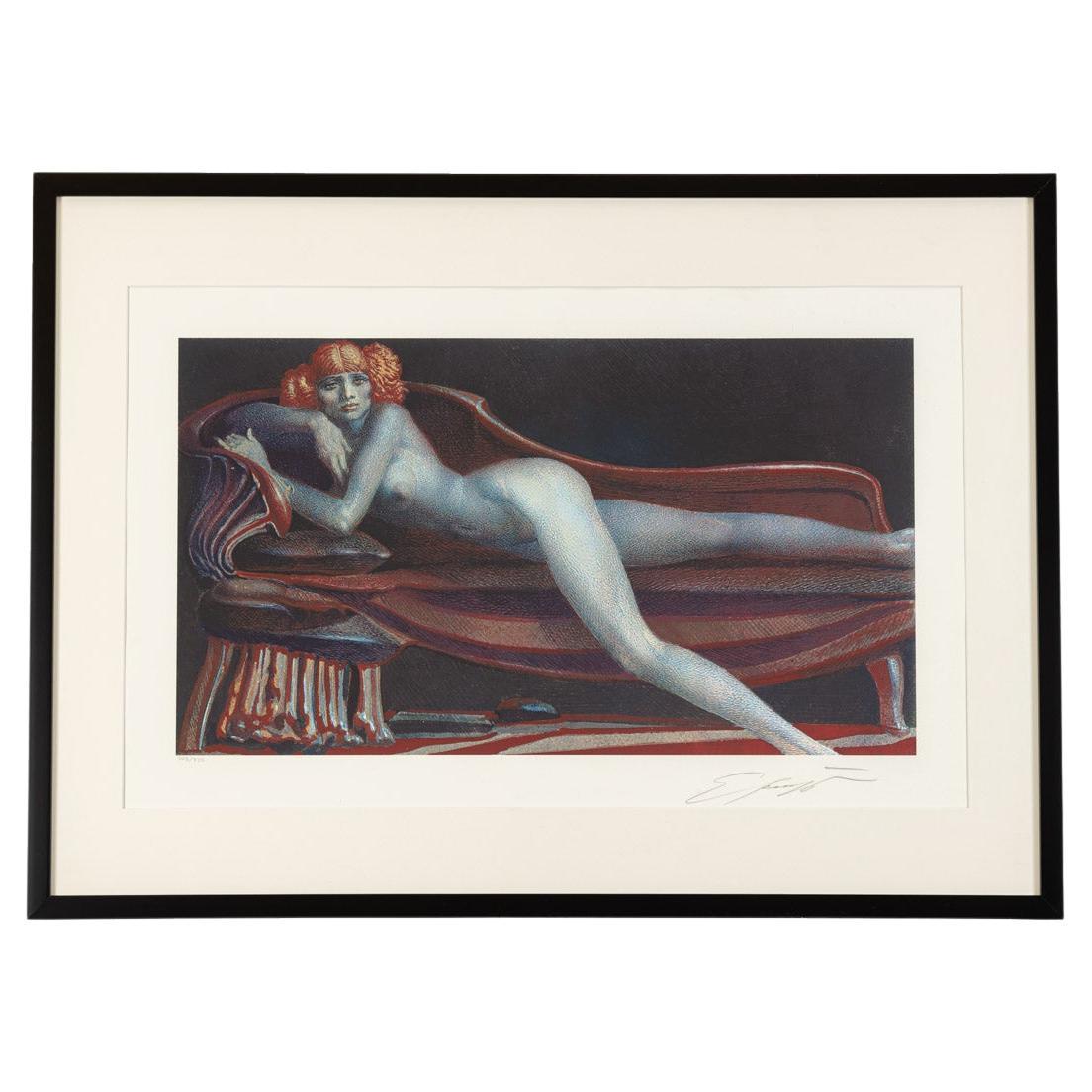 Woman on Chaiselongue Nude Color Lithograph Framed Erotic Ernst Fuchs signed