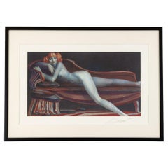 Woman on Chaiselongue - Lithographie couleur chair encadrée érotique signée Ernst Fuchs