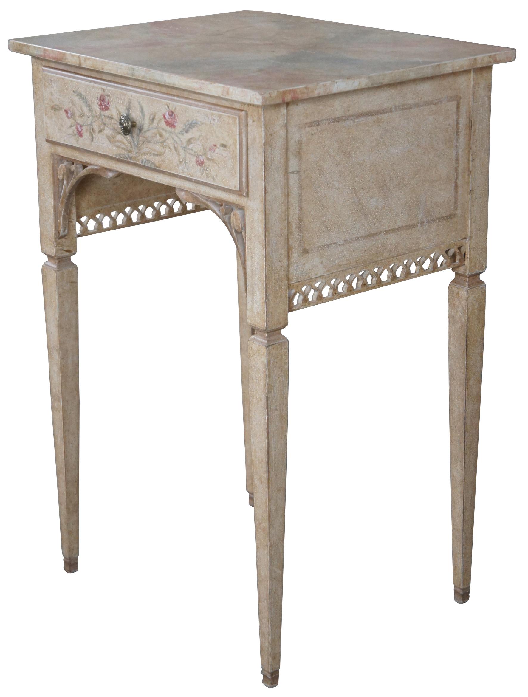 Auffray & Co hand painted French End Tables. Naturally distressed rectangular frame with drawer over pierced sprandles and trim. Supported by long square tapered legs.

Auffray & Co. was founded in Paris in the late 1800's and came to New York in