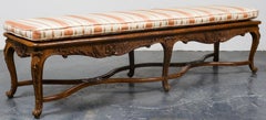 Auffray & Co. French Provincial Carved Wood Bench with Caned Seat and Cushion