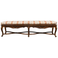 Auffray & Co. French Provincial Carved Wood Bench with Caned Seat and Cushion