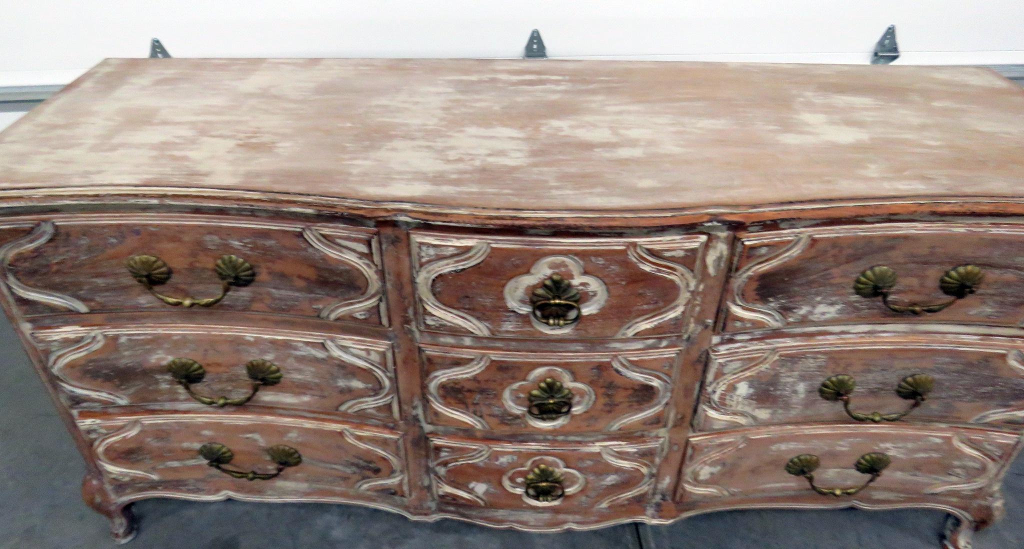 20th Century Signed Auffray Country French Louis XV Distressed Painted Triple Dresser