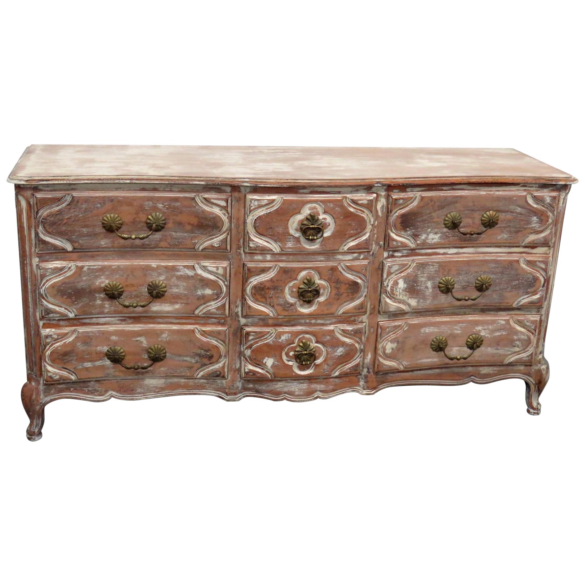 Signed Auffray Country French Louis XV Distressed Painted Triple Dresser