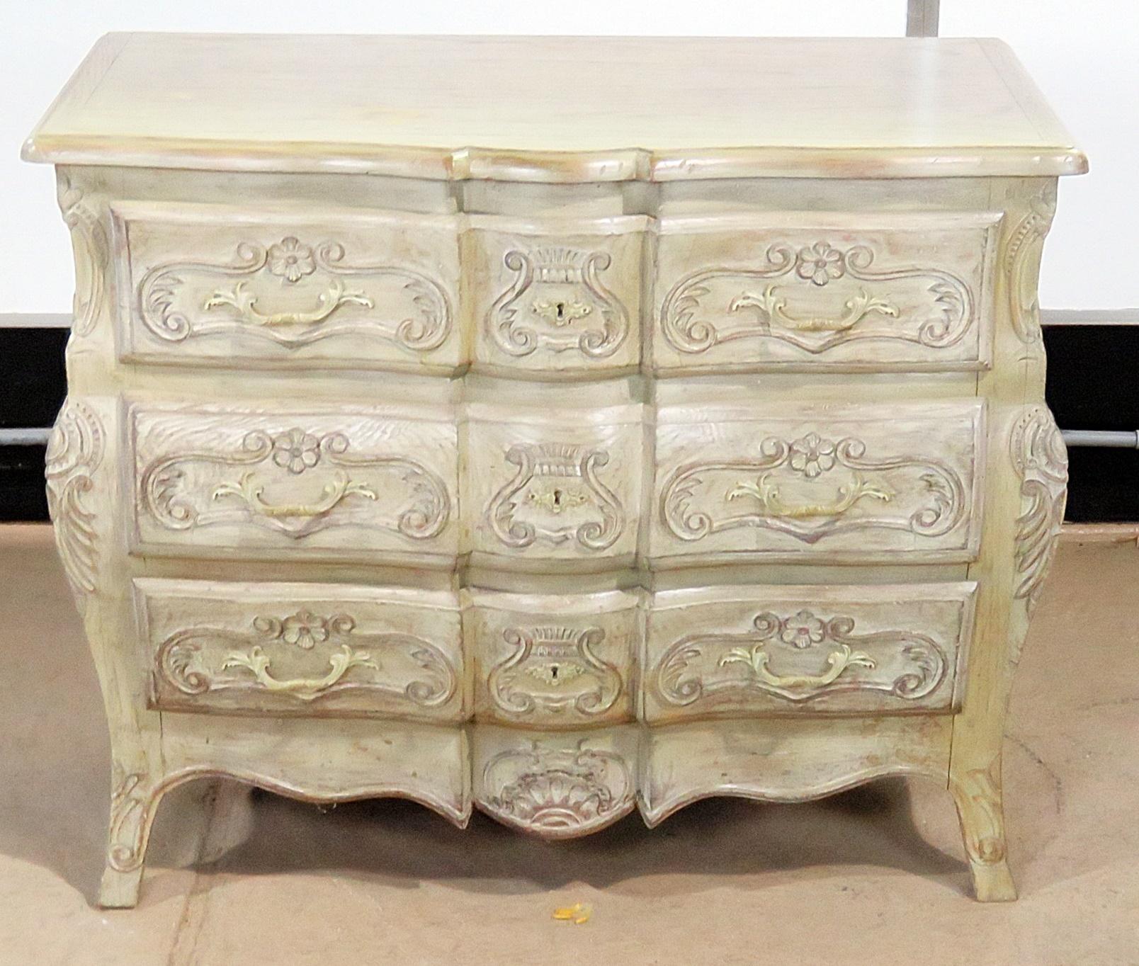 Auffray style country French style 3-drawer commode with a distressed painted finish.