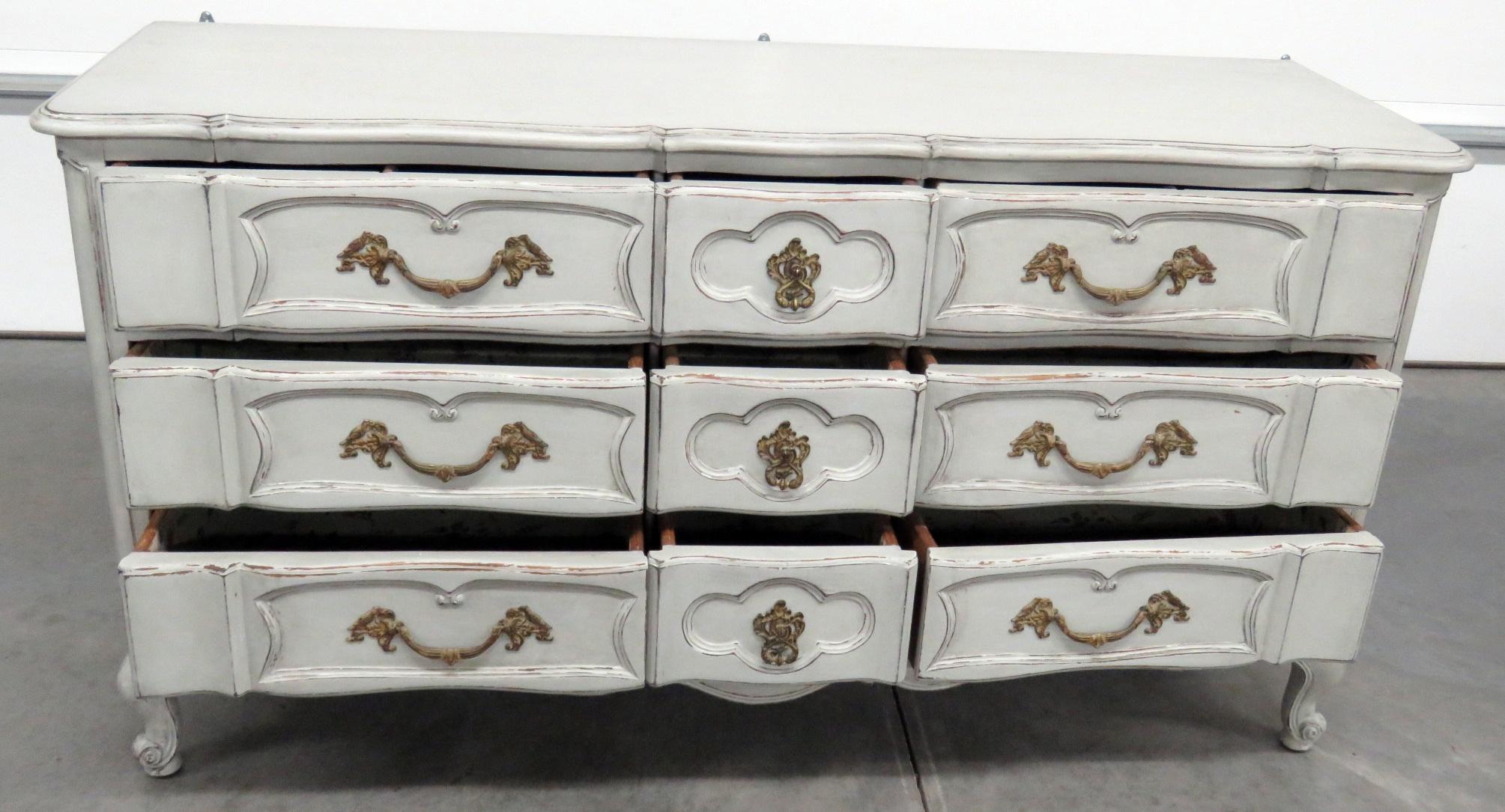 Wood French Louis XV Country Auffray Style Paint Decorated Triple Dresser