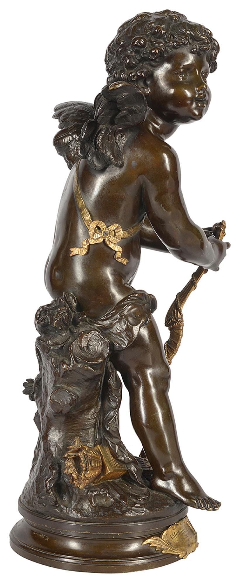 A fine quality 19th century bronze study of a cherub holding a bow and arrows with gilded highlights.
Entitled; amour à l'arc (love to the bow)
Signed ; Aug.Moreau

(French, 1855–1919) Louis Auguste Moreau born, was a French sculptor best known