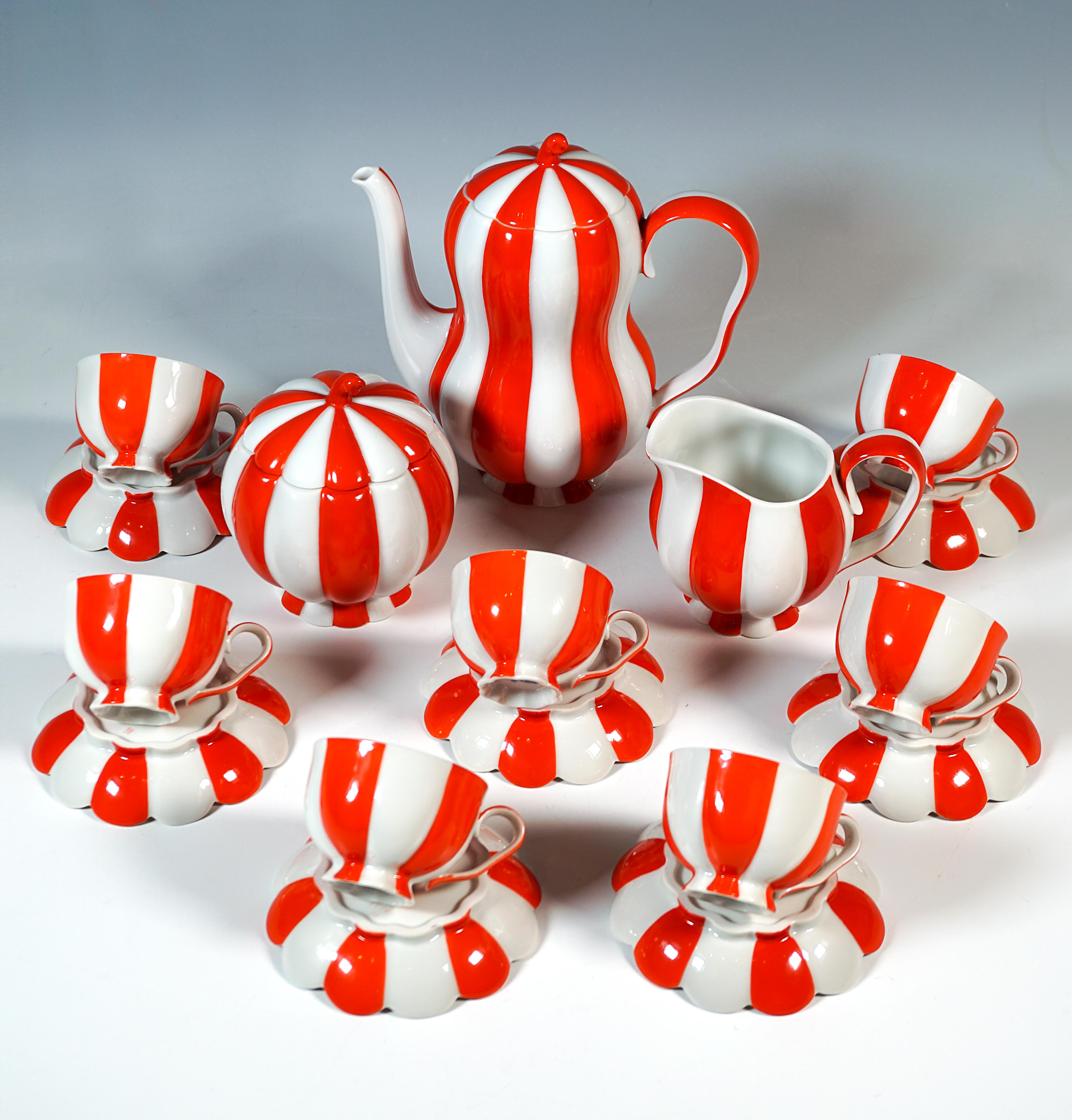 Art Deco Augarten Art Déco 'Melon' Red-White Mocha Set, By Josef Hoffmann, Vienna, 20th For Sale