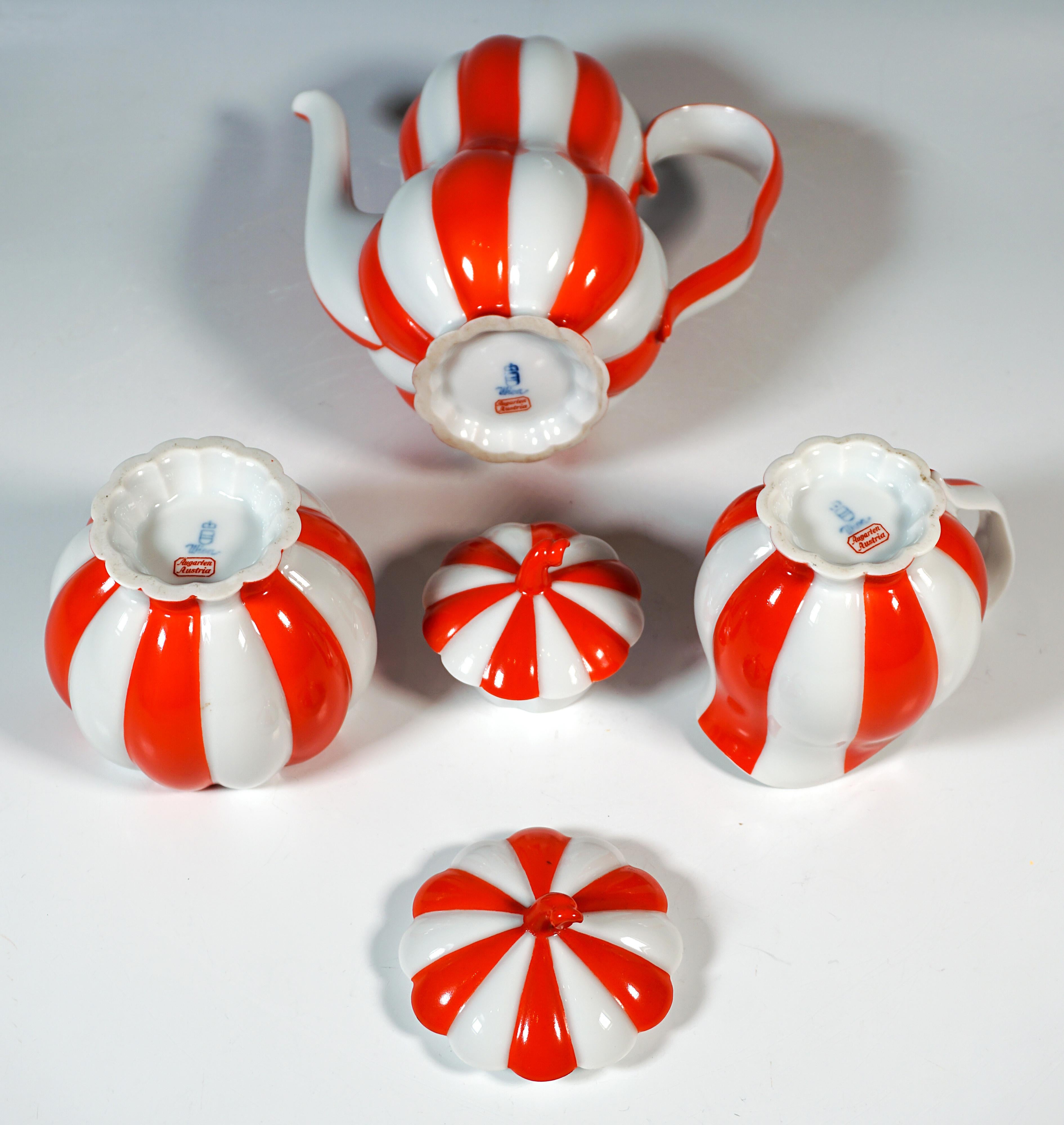 Austrian Augarten Art Déco 'Melon' Red-White Mocha Set, By Josef Hoffmann, Vienna, 20th For Sale