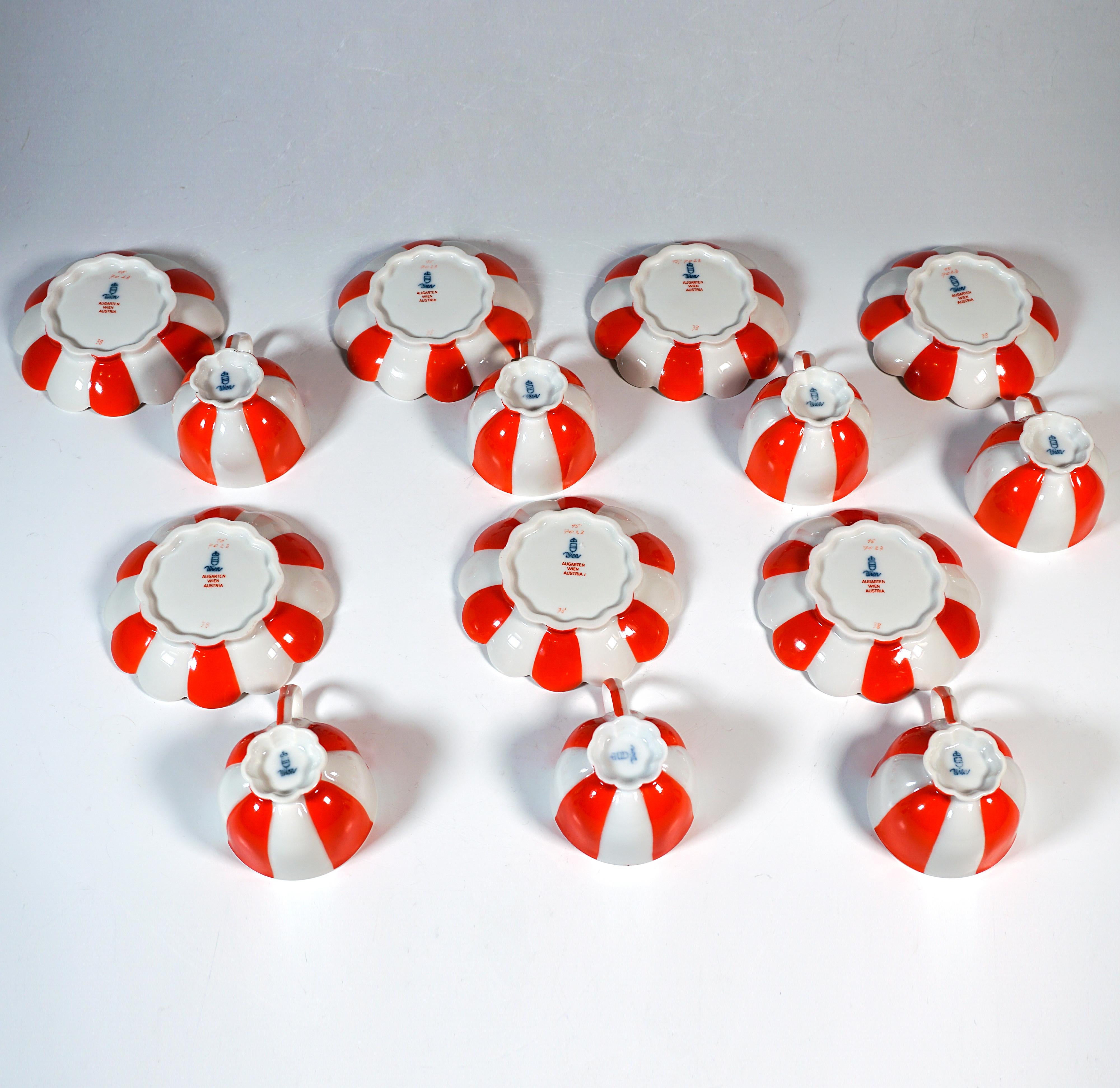 Hand-Crafted Augarten Art Déco 'Melon' Red-White Mocha Set, By Josef Hoffmann, Vienna, 20th For Sale