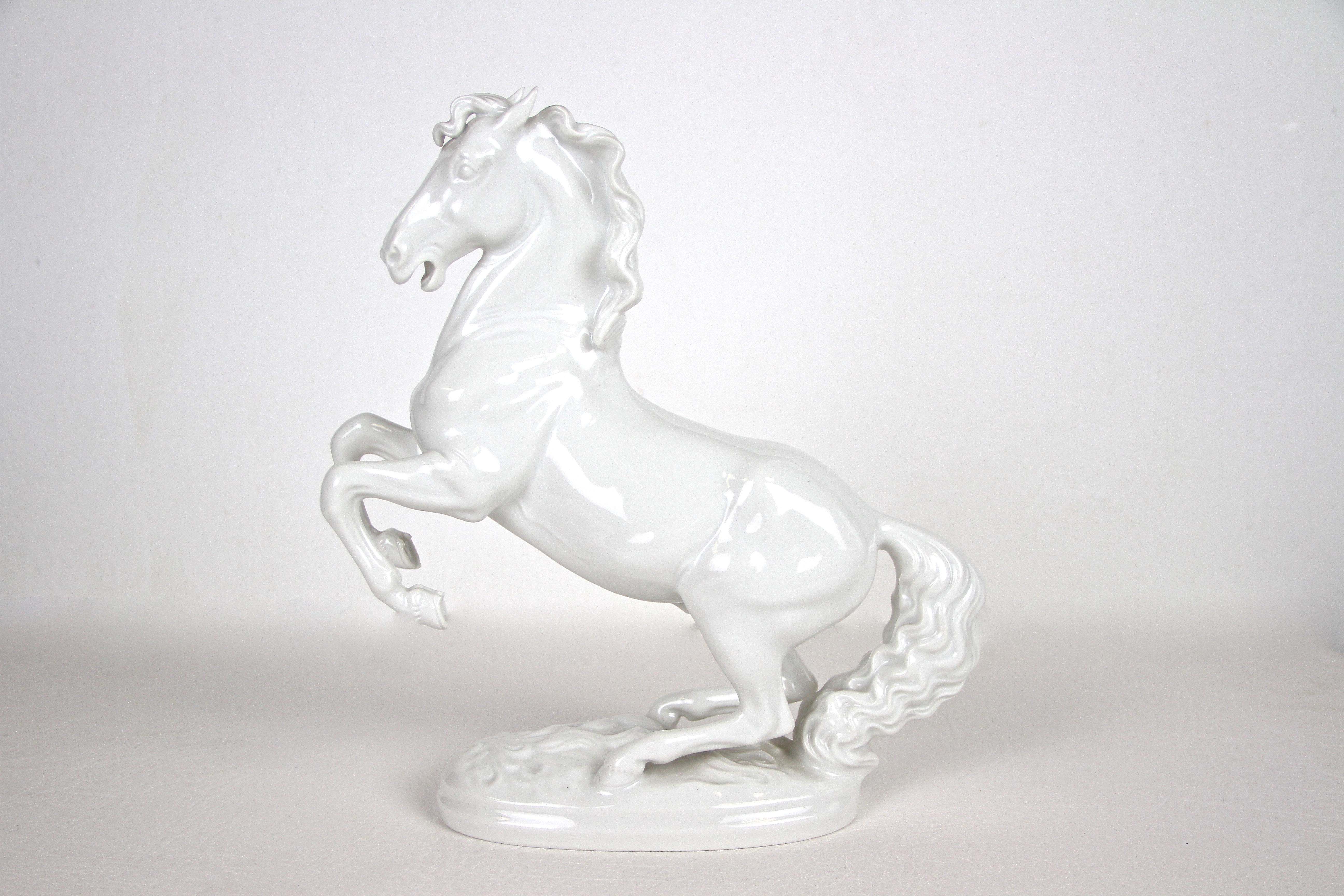 Merveilleuse sculpture de cheval en porcelaine d'Augarten Vienna réalisée en Autriche vers 1937. Ce magnifique dessin est l'œuvre de Karin Jarl-Sakellarios et représente un lipizzan en train de se cabrer sur une base ovale.
Travaillée avec art et