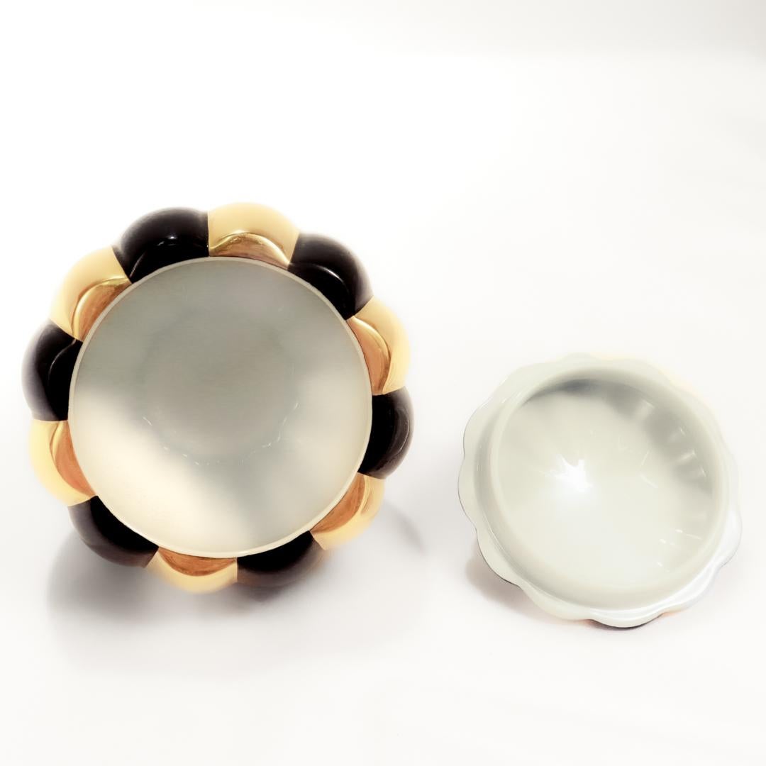 Augarten Porcelain Josef Hoffmann Black & Gold Melone Covered Box / Sugar Bowl 2