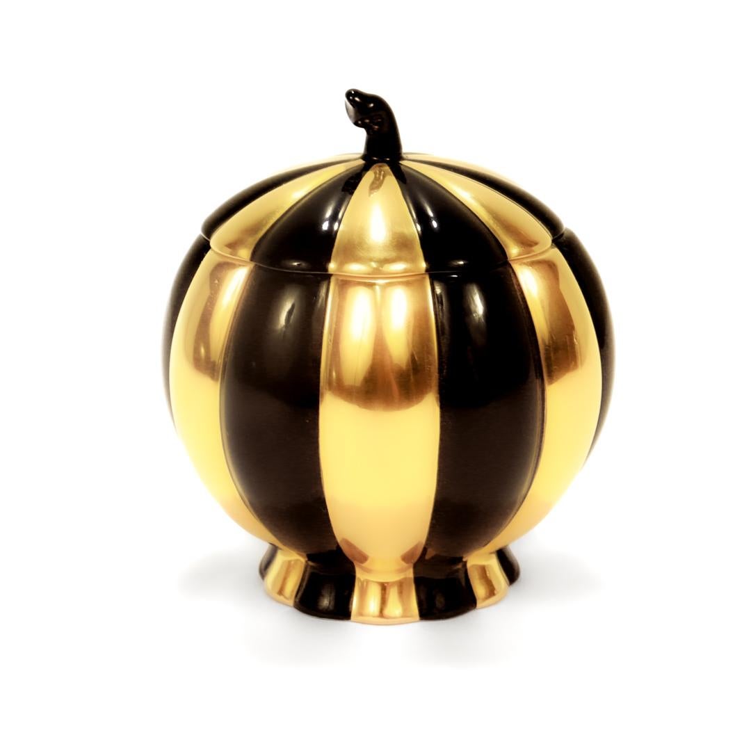 Vienna Secession Augarten Porcelain Josef Hoffmann Black & Gold Melone Covered Box / Sugar Bowl