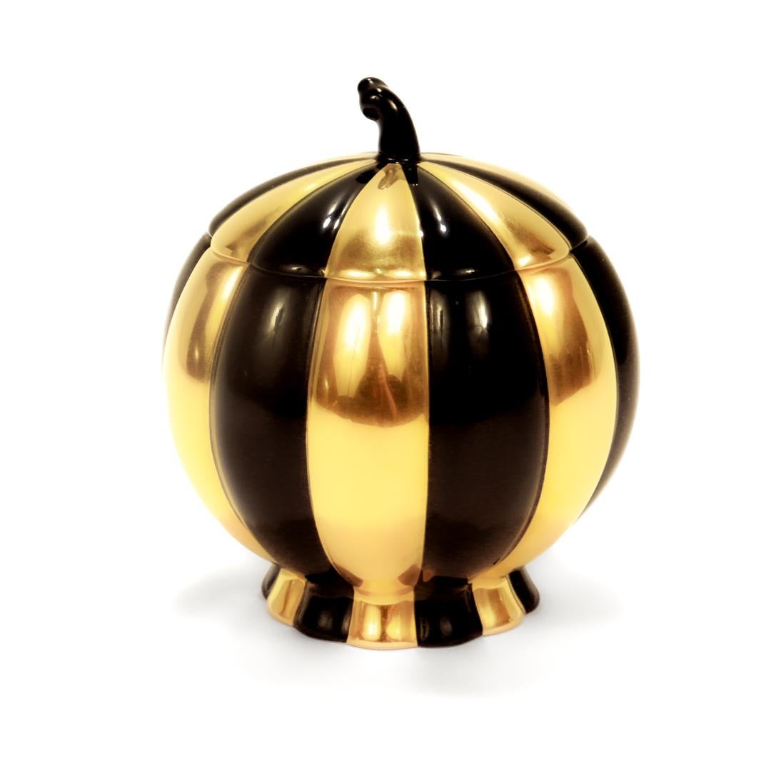 Austrian Augarten Porcelain Josef Hoffmann Black & Gold Melone Covered Box / Sugar Bowl
