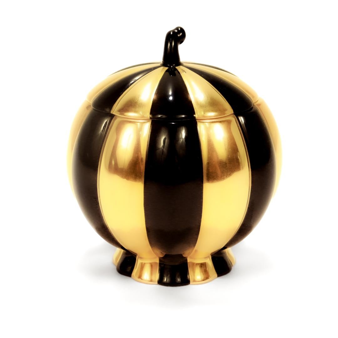 Gilt Augarten Porcelain Josef Hoffmann Black & Gold Melone Covered Box / Sugar Bowl