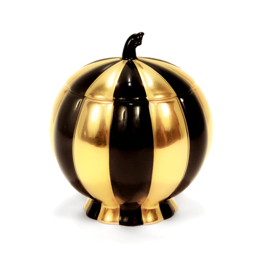Contemporary Augarten Porcelain Josef Hoffmann Black & Gold Melone Covered Box / Sugar Bowl  For Sale