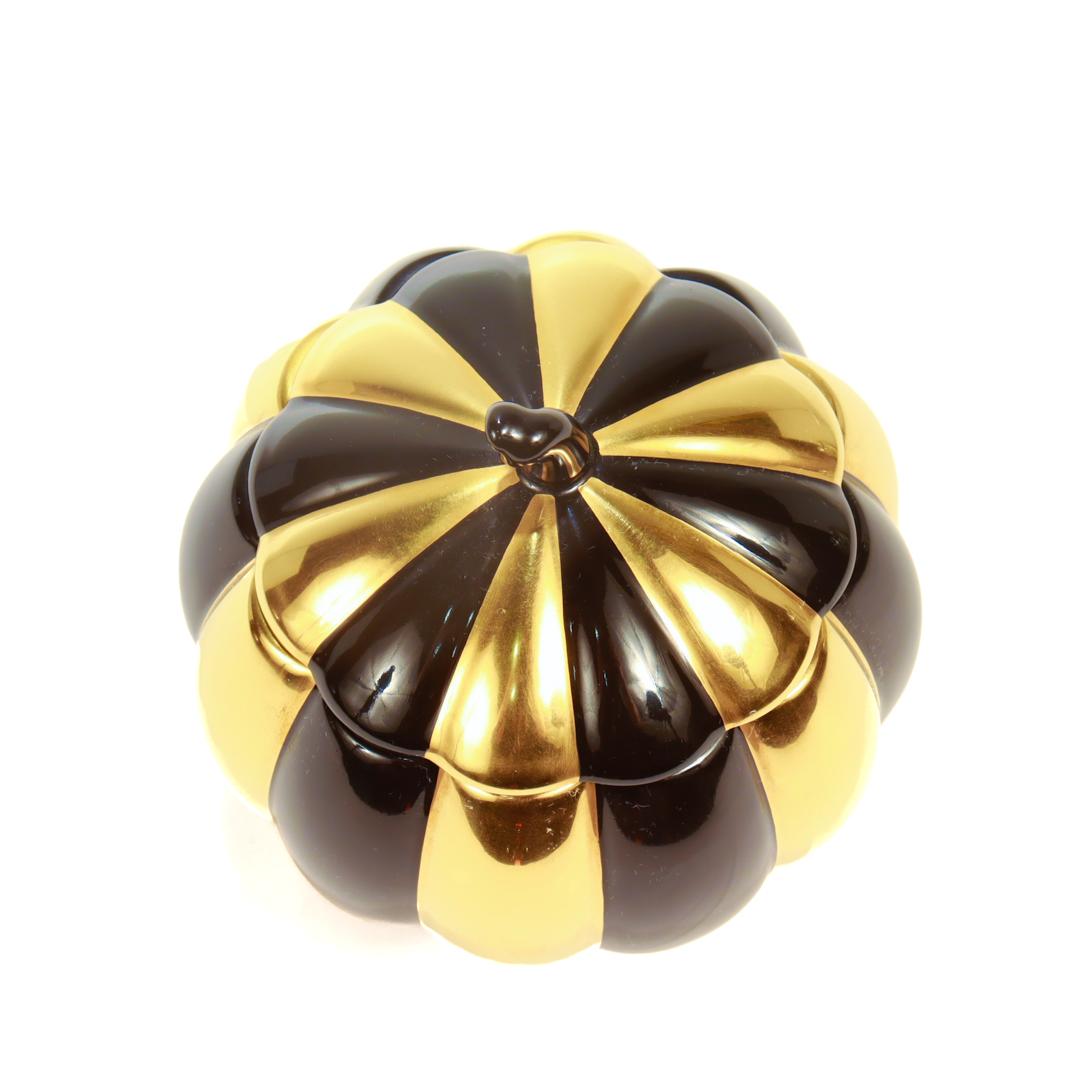 Contemporary Augarten Porcelain Josef Hoffmann Black & Gold Melone Covered Box / Sugar Bowl
