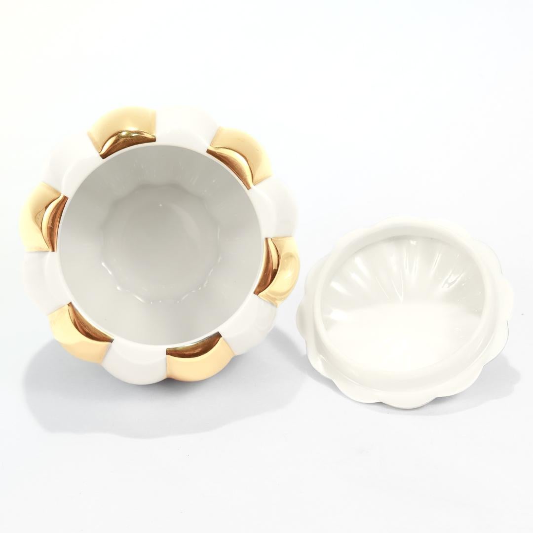 Contemporary Augarten Porcelain Josef Hoffmann White & Gold Melone Covered Box / Sugar Bowl  For Sale