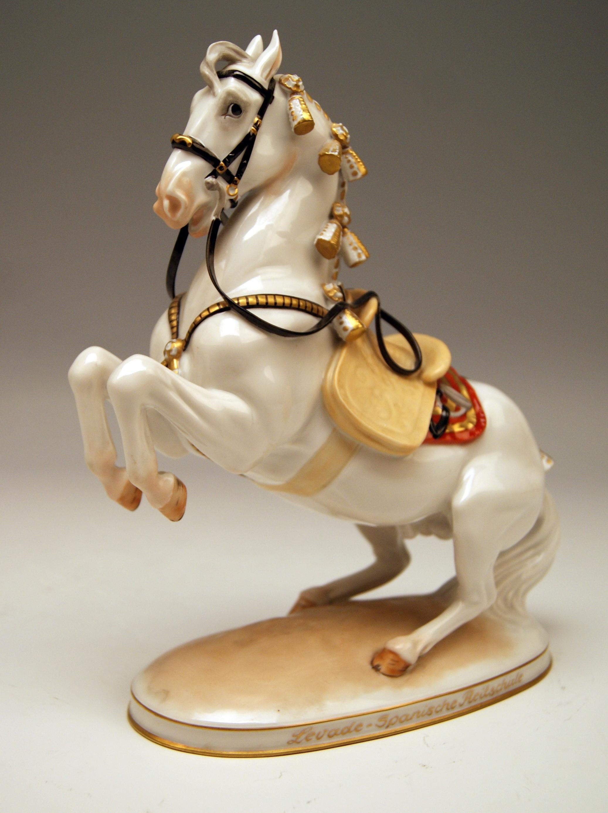 Vienna Augarten horse Spanish riding school
Figurine type: Levade

The jumping horse depicts a figurine which is called 'Levade' : The Levade (French: se lever = to rise) is an exercise of the classical school of riding where the horse has to jump