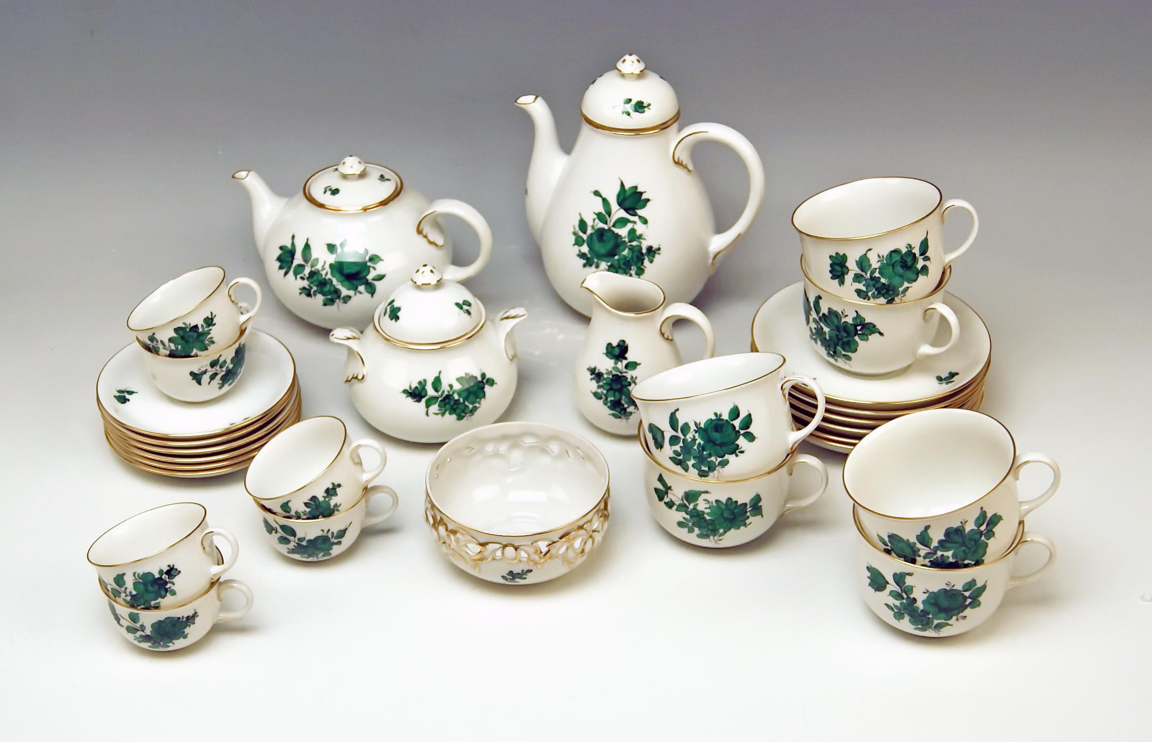 We invite you here to look at a splendid as well as nicest Augarten Vienna Mocha & Tea Set for six persons: 
This Augarten tea set is of finest elegance due to its delicate green monochrome paintings depicting various flower's blossoms with leaves