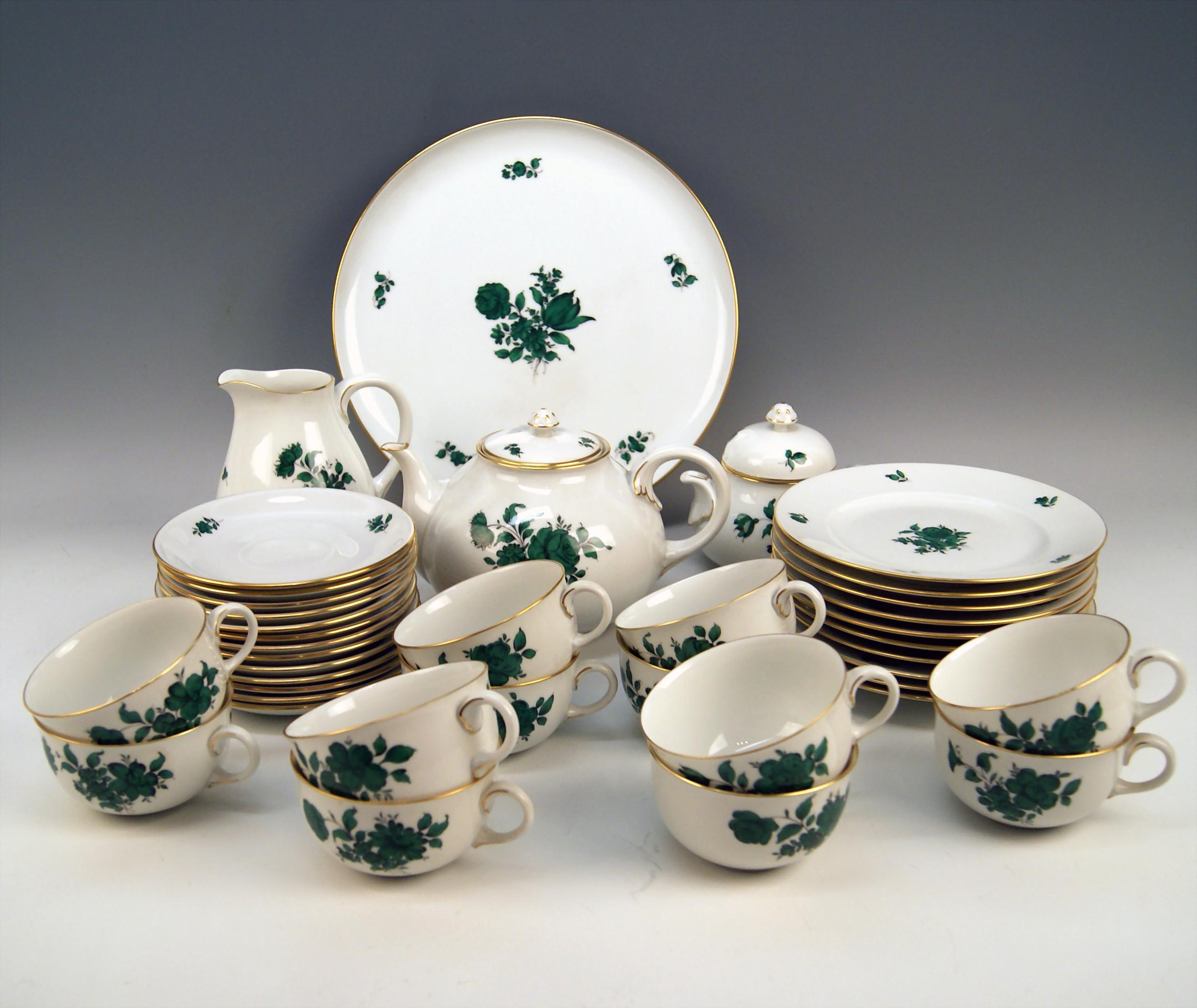 We invite you here to look at a splendid as well as nicest Augarten Vienna tea set for twelve persons: 
This Augarten tea set is of finest elegance due to its delicate green monochrome paintings depicting various flower's blossoms with leaves as